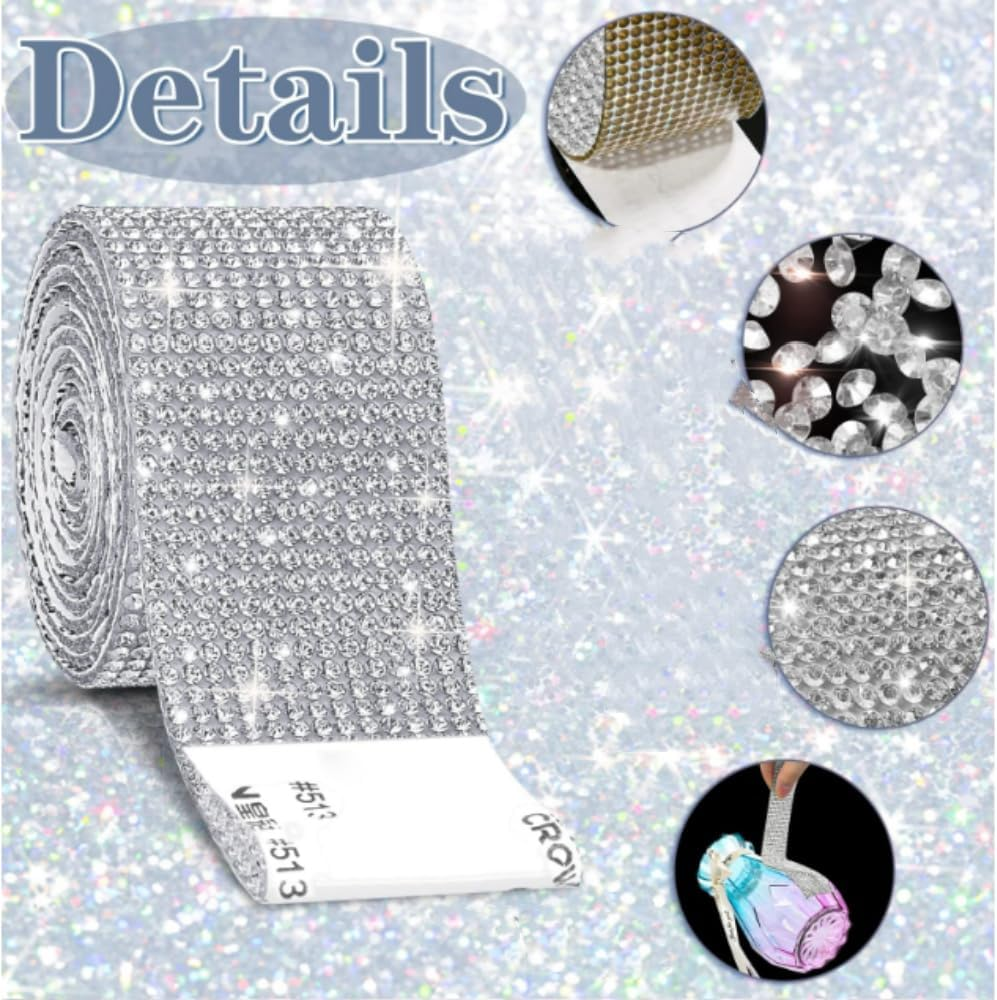 FUNNTY 2 Yards Silver Rhinestones Ribbon, Rhinestone Diamond Stickers, Rhinestones for Clothes Craft, Self Adhesive Stick on Silver Gems, Bling Decorations for Bedroom DIY Arts Crafts image number 2