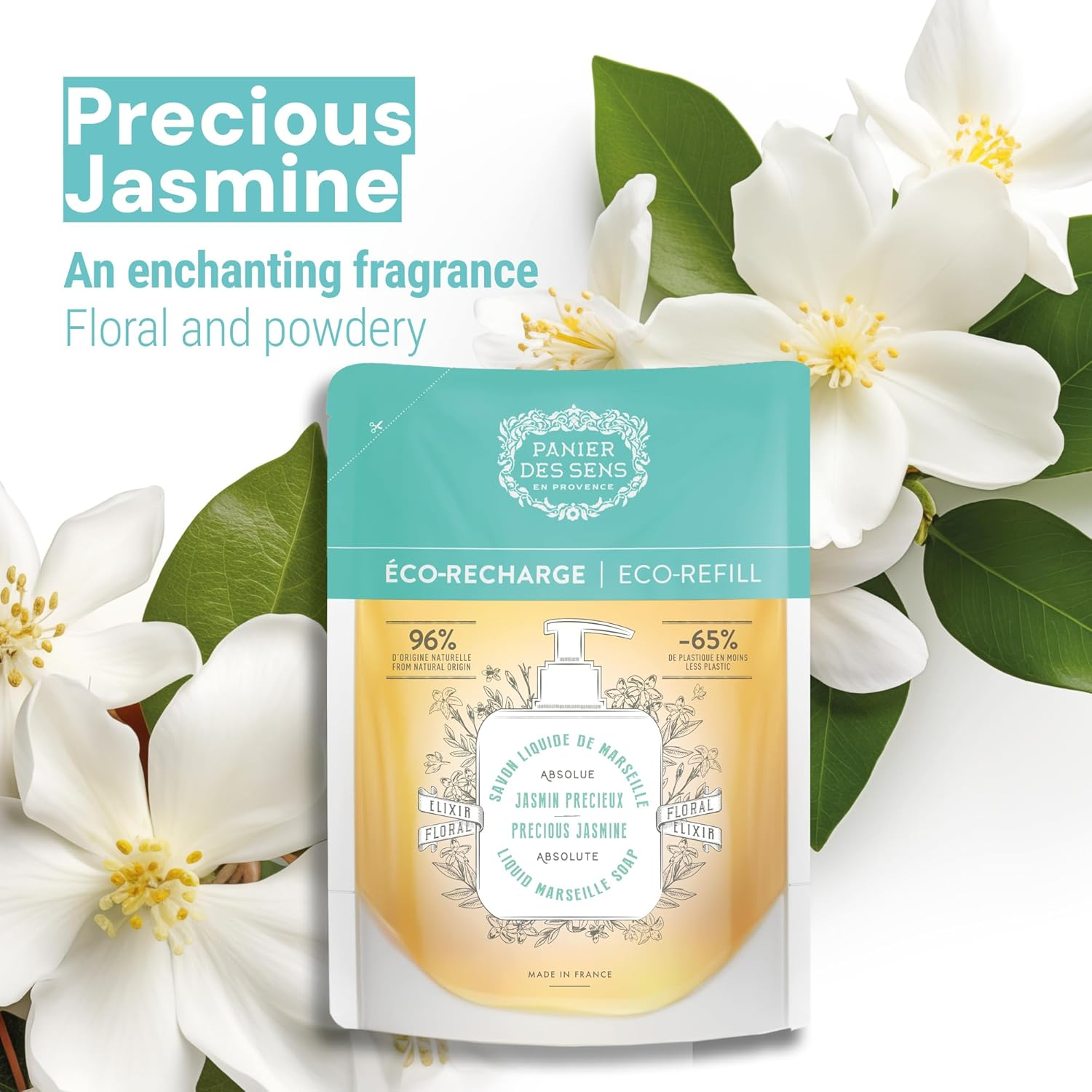 Panier Des Sens Marseiller Liquid Soap Refill Bag Jasmine Pack of 2 - Made in France - 2 X 500 Ml Soap Refill Bag