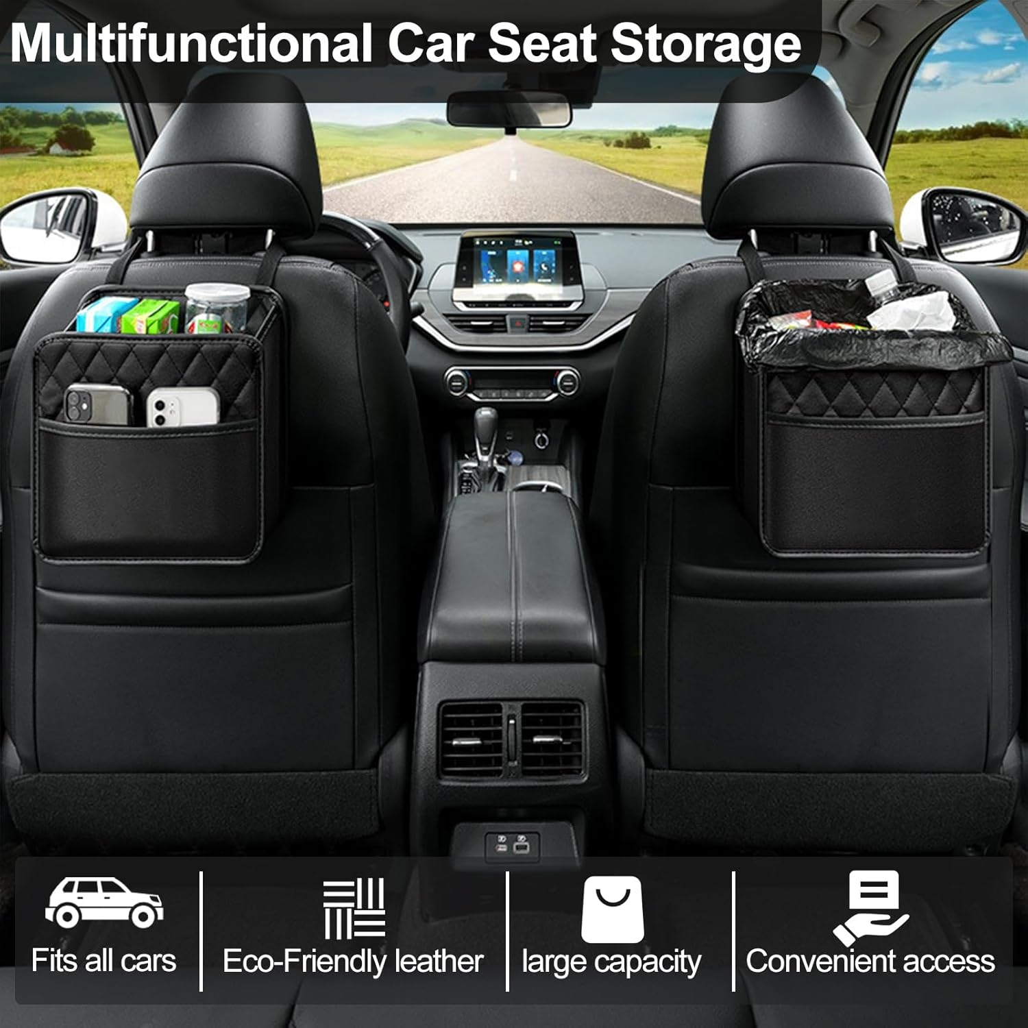 2 Pack Car Backseat Organizer with 60 Trash Bags, Car Seat Back Hanging Storage Bag Handbag Document Holder Universal Multi Pocket Storage Box Organizers Tidy Pouch for Ipad,Bottle,Books,Tissues,Snack image number 4