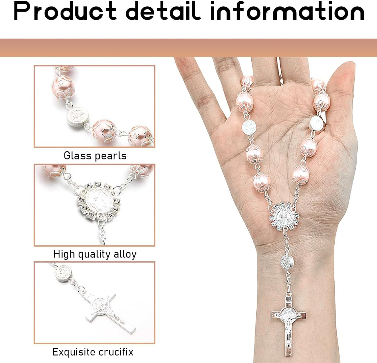 Car Rosary for Rearview Mirror, Personalized Rear View Cross Blessing Beads Decor, Auto Rearview Catholic Rosary Hanging Pendant, Interior Men Women Car Accessories (Pink) - Blue+Pink image number 6