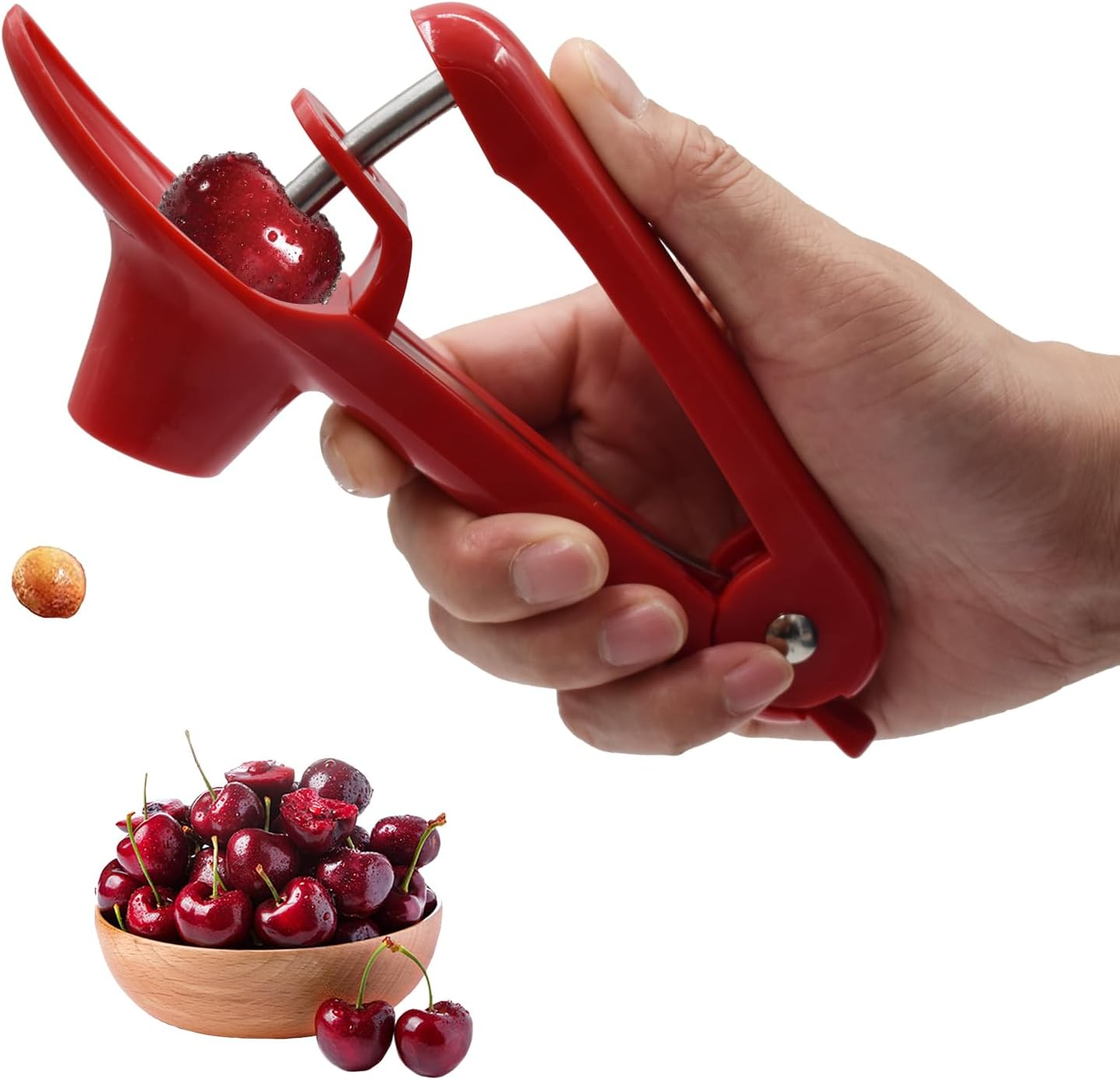 Cherry Pitter Tool, Olive Pitter and Fruit Pit Corer Remover Tool, Portable Kitchen Tool with Space-Saving Lock Design for Making Jam (Red)