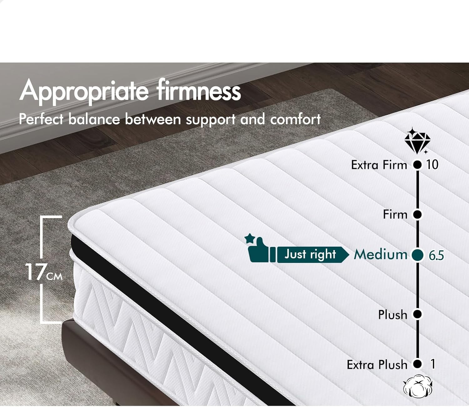 ALFORDSON 17Cm Euro Top Mattress King Single Size, Natalie Series, Pressure Relief Hypoallergenic Memory Foam with Bonnell Spring System, Medium Firm