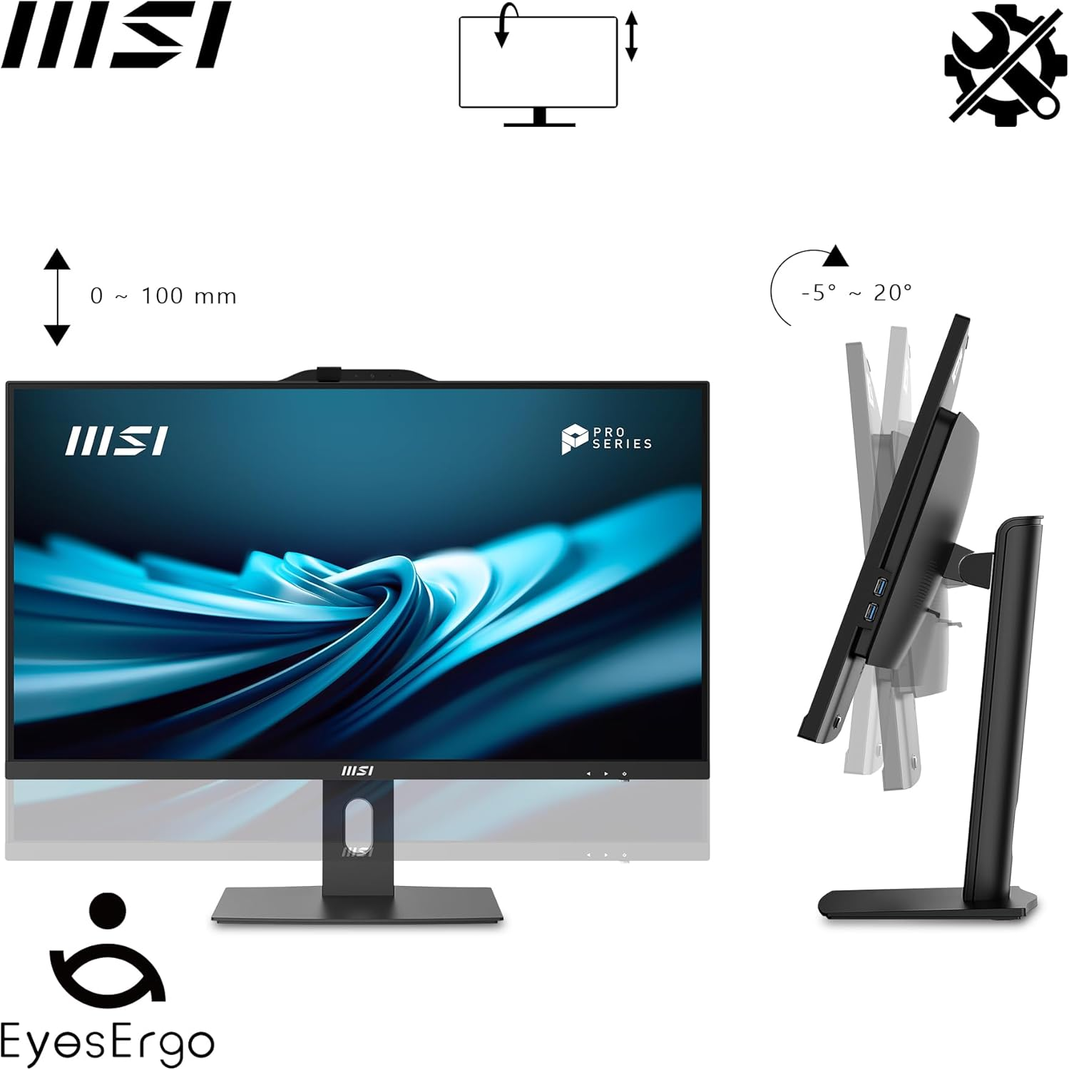MSI PRO AP272P 14M-491AU 27" All in One Desktop PC, FHD, IPS, Intel Core I5-14400, 16GB DDR5 RAM, 512GB M.2 SSD, WIFI6E BT5.3, Win 11 Home, Webcam, Height Adjustable, Wireless KBM, White image number 4