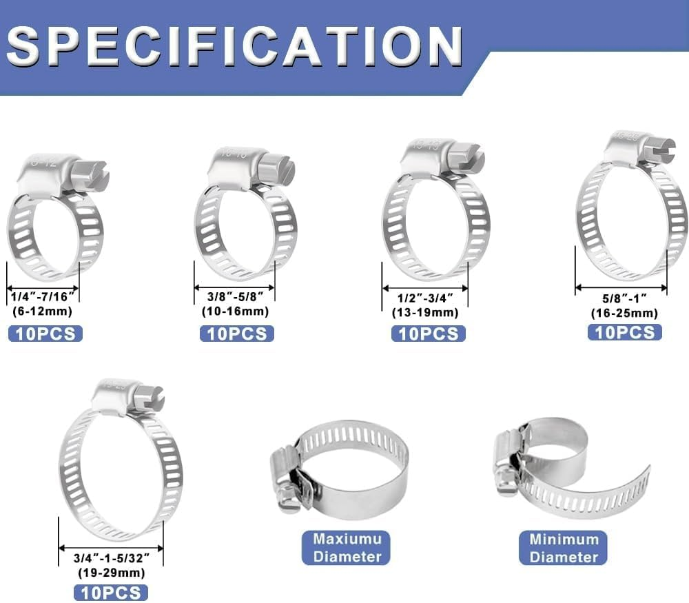 50Pcs Assorted Sizes Hose Clamps Kit, 304 Stainless Steel Adjustable 6-29Mm Range, Worm Gear Hose Clamp Perfect for Plumbing Automotive and Mechanical Applications image number 3