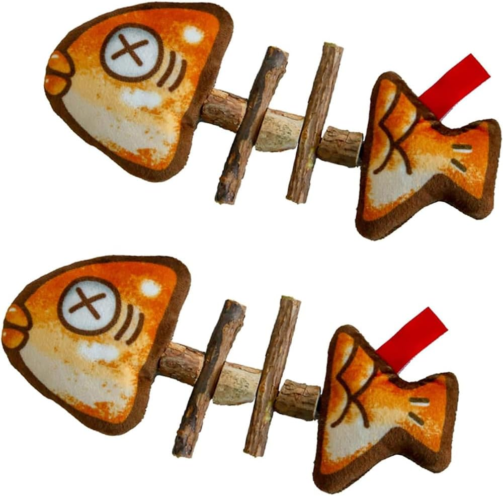 JIUSEGE 2 Pcs Grilled Fishbone Cat Toys &ndash; Bite-Resistant Simulated Fish Chew Toys &ndash; Interactive Plush Teething Toys for Kittens & Cats &ndash; Wooden Fish Shape Design image number 5