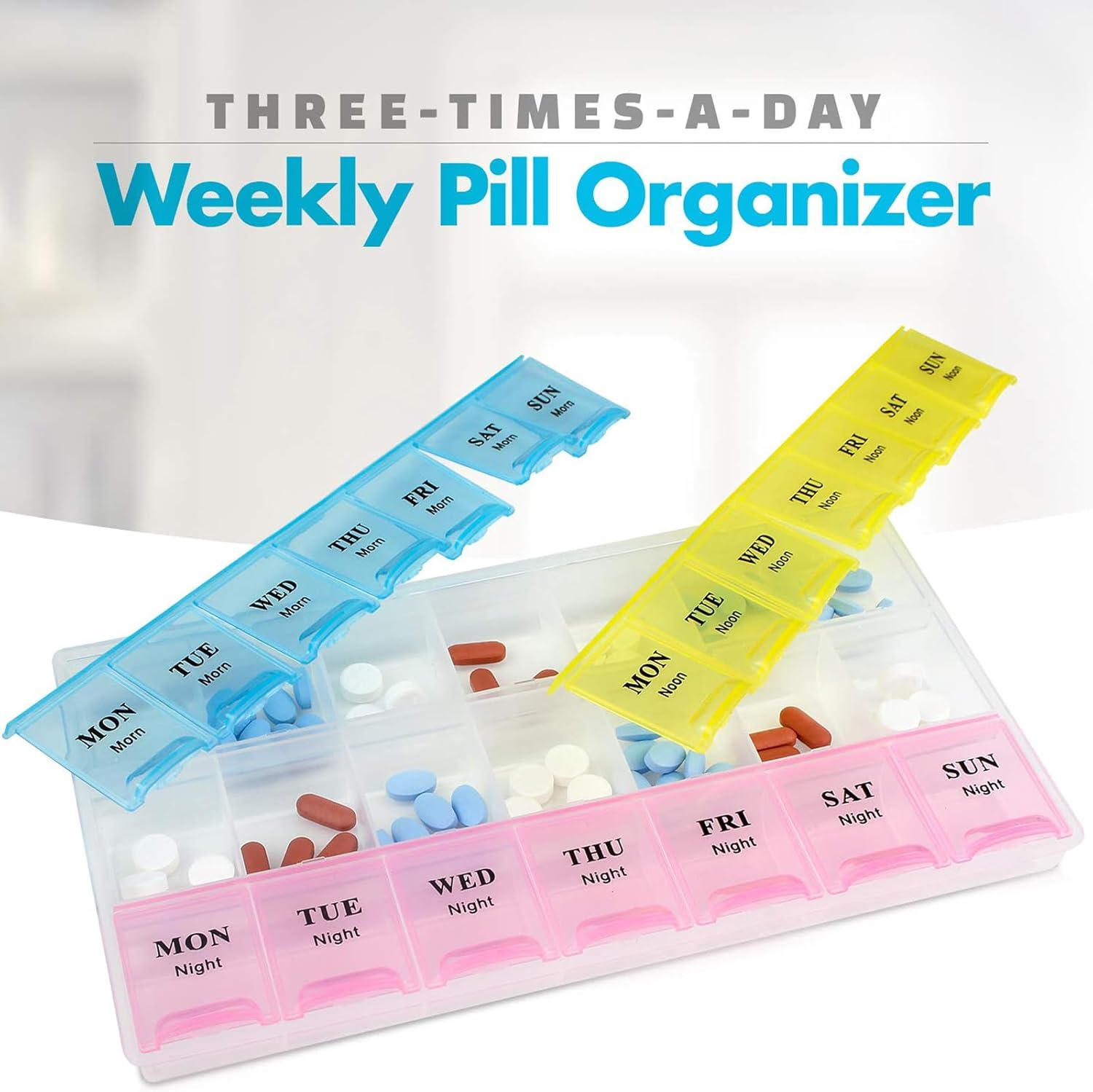 Pill Organizer Portable Multi-Color Transparent PP Material Pill Box Travel Pill Organiser for Pills Vitamin Fish Oil Supplements at Morning Noon Night 7 Days