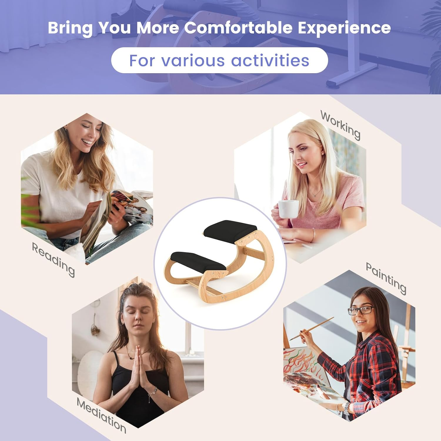 Costway Ergonomic Kneeling Chair, Wooden Rocking Chair with Comfortable Padded Seat Cushion & Knee Support, Upright Posture Support Chair for Back Pain Relief (Type A, Black)