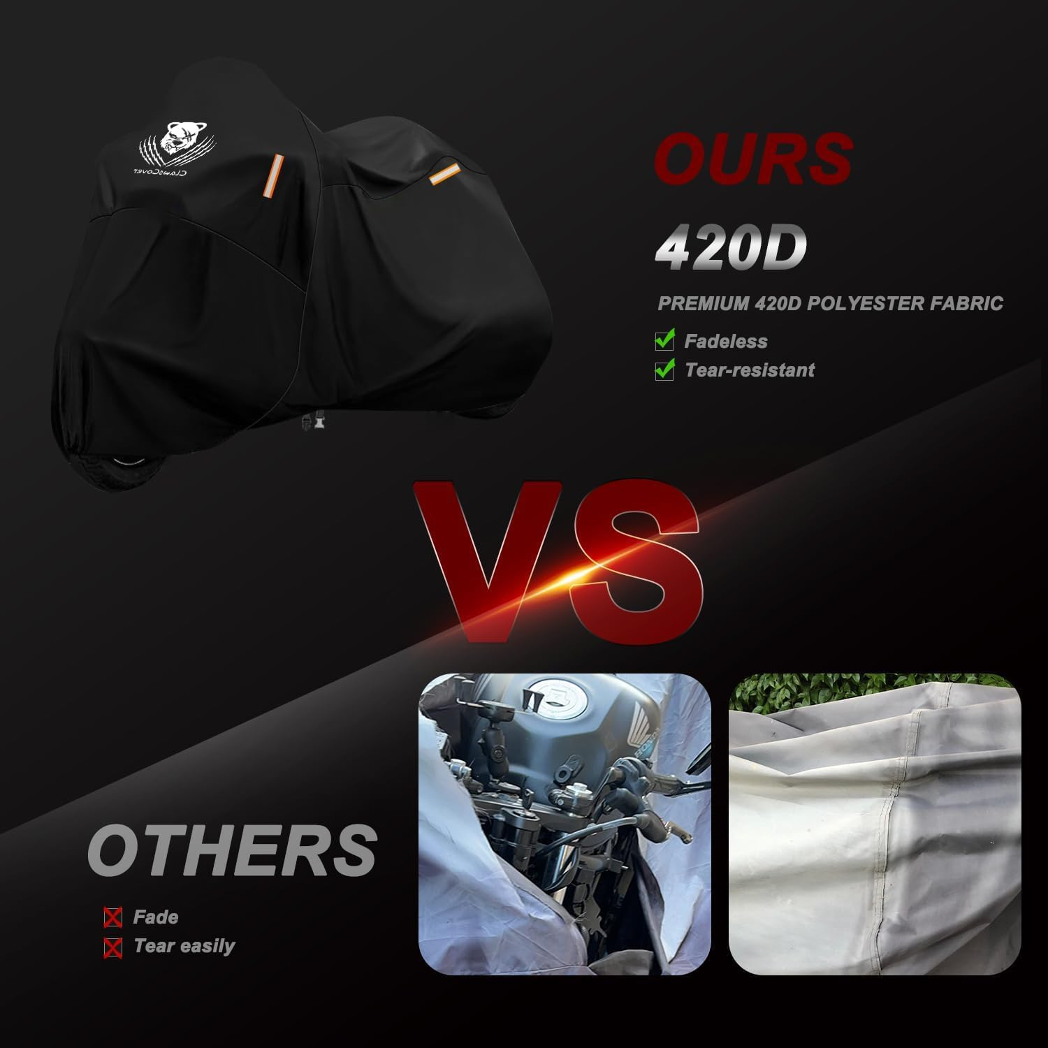 Clawscover 116" XXXL Motorcycle Covers Waterproof Outdoor,Heavy Duty Fadeless 420D Polyester Cloth All Season Anti-Uv Touring Scooter Cover Accessories,For Harley Davidson Honda Kawasaki Yamaha Suzuki image number 3