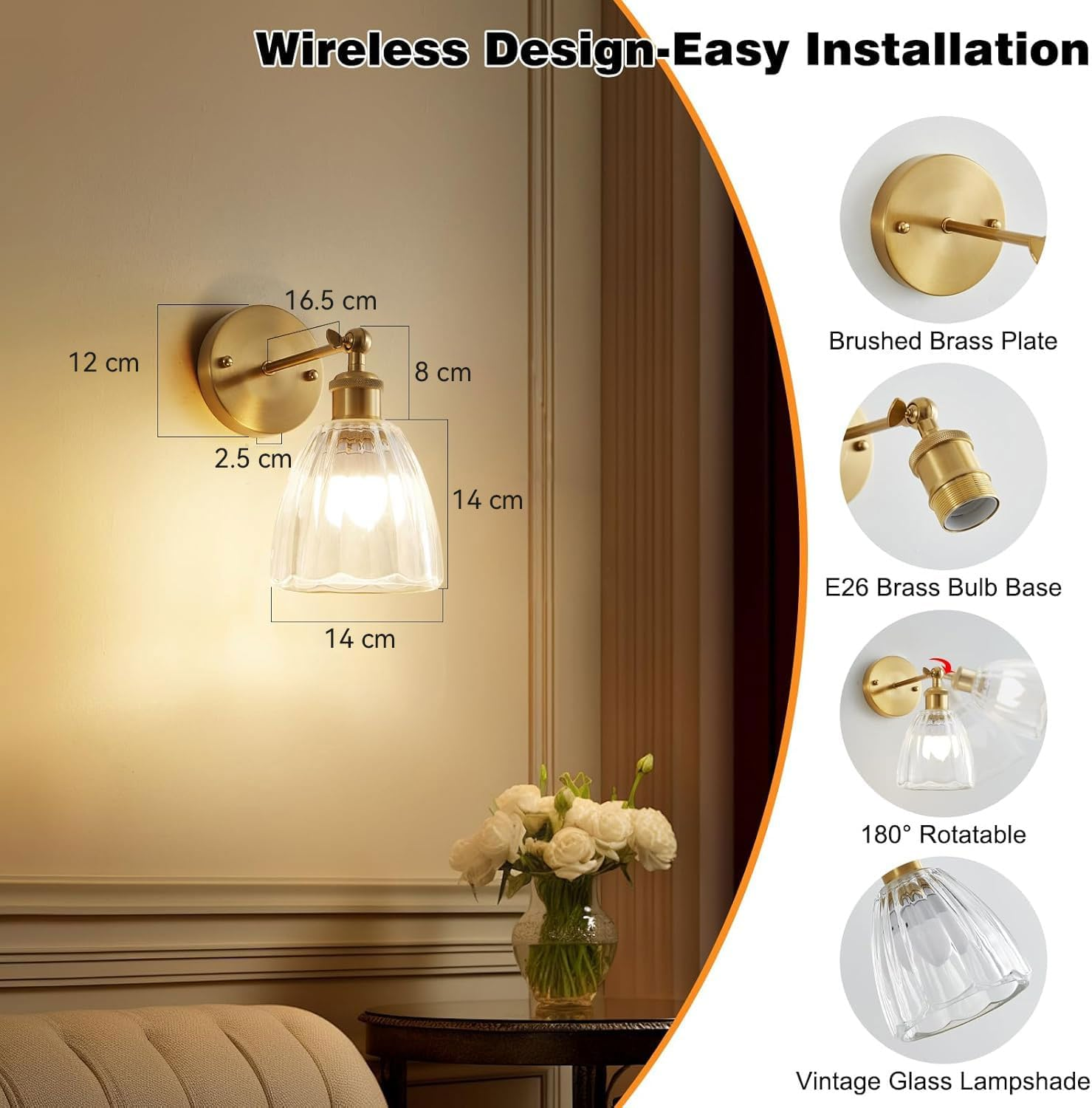 Battery Operated Wall Sconces Set of 2, Glass Lampshade Rechargeable Wall Light with Dimmable RGB Bulbs, Wireless Wall Sconces with Adjustable Lighting Angle for Bedroom, Bathroom, Hallway, Doorway image number 5