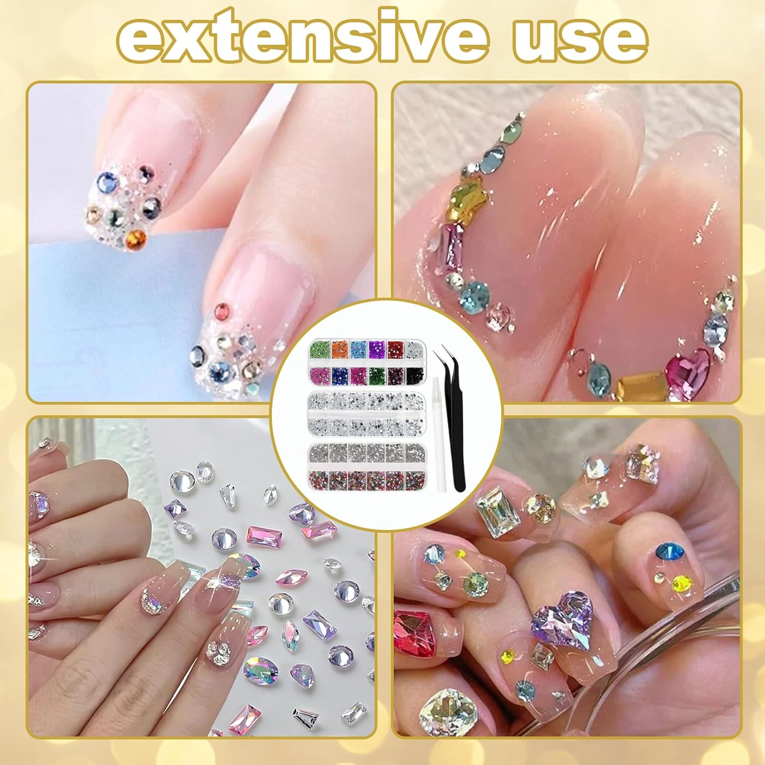 Nail Charms, 3 Pack 12 Grid Square Boxes with White Pen and Black Tweezers, 4000-4400PCS Nail Gems for DIY Nail Art, Gift for Women and Girls