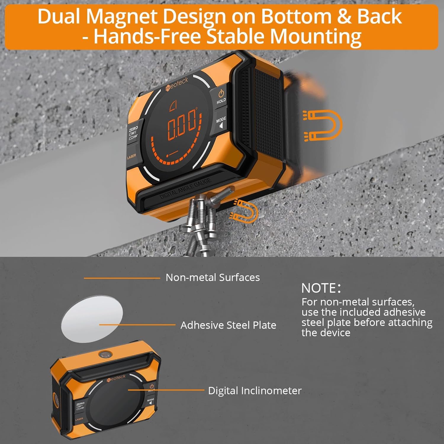 Neoteck 3-In-1 Laser Level Digital Angle Gauge with Magnetic Base &ndash; Rechargeable Digital Inclinometer with 0-90&deg; & 0-180&deg; Range, Cross Line Laser for Woodworking, Carpentry, DIY & Alignment image number 6
