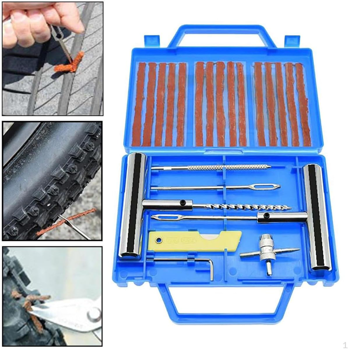AIMALL 23PCS Tyre Repair Kit for Car Truck Motorcycle Bicycle, Emergency Puncture Plug Patch Set with T-Handle Reamer, Valve Core Tool, 15 Strips, Case 6.69X5.71X1.02In image number 4