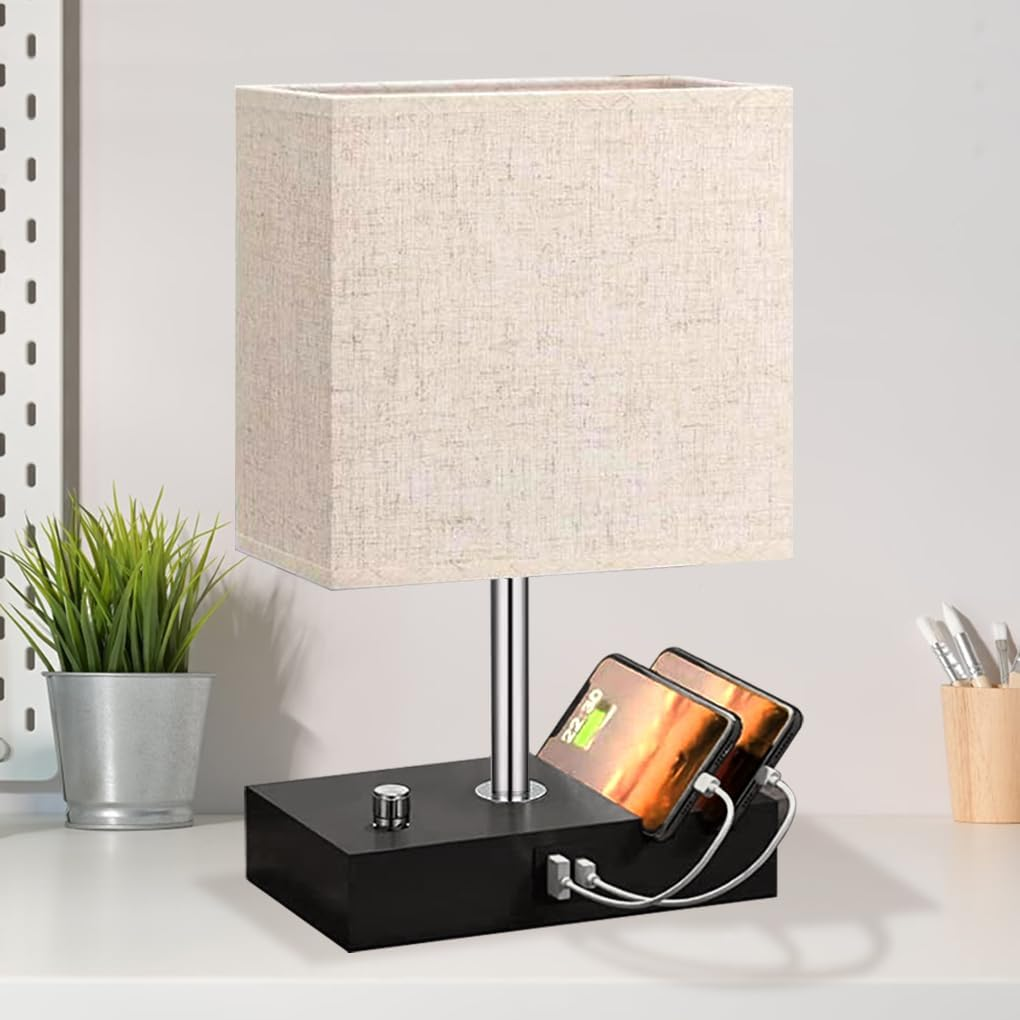 Clora Bedside Lamp with USB A+C Charging Ports, Dimmable Table Lamp with 2 Phone Stands and Fabric Shade 6W LED Bulb Included Nighstand Light for Living Room Bedroom Home Office Dorm Gift