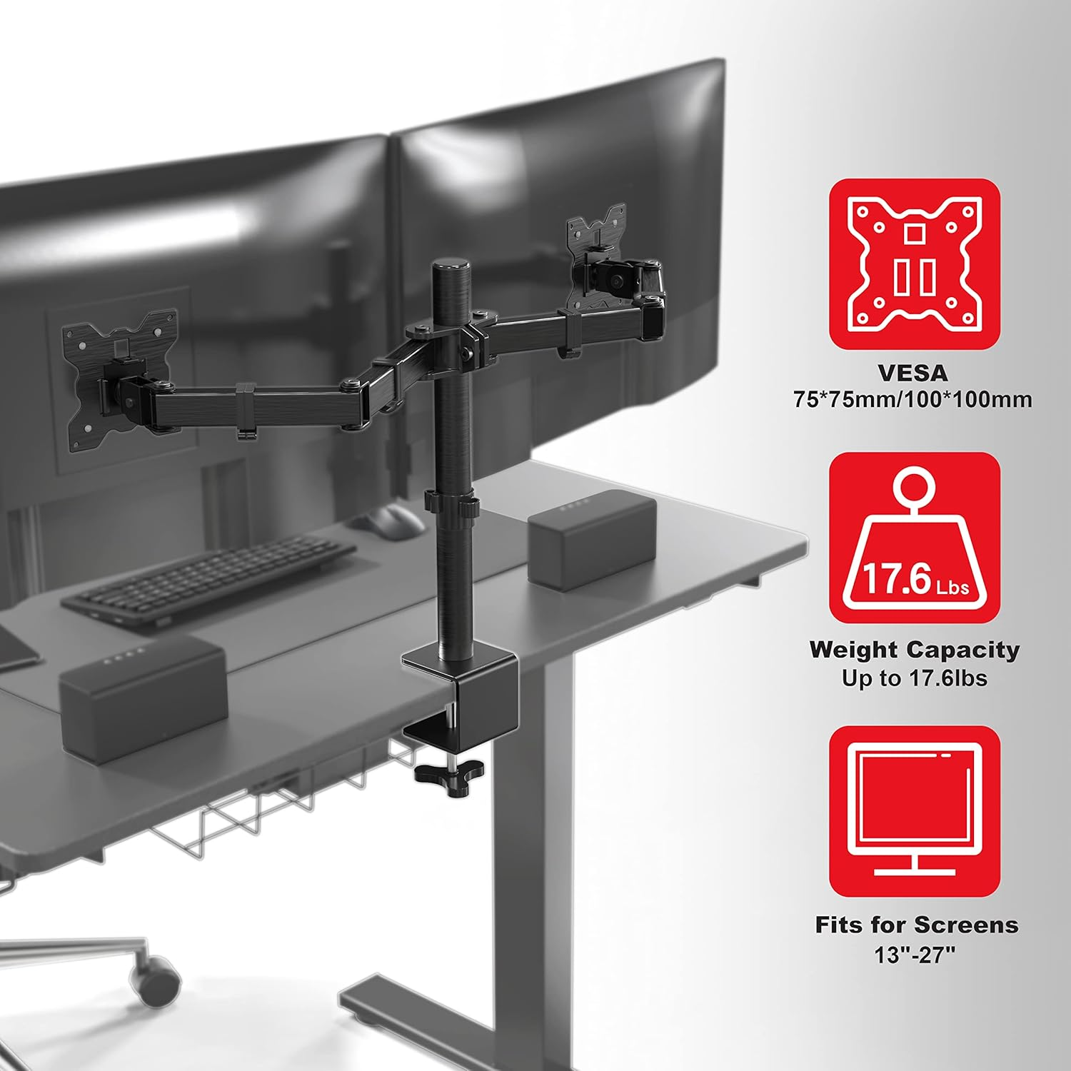 SHW Dual Monitor Arm Desk Mount with C-Clamp for 13 to 27'' Screen, VESA 75X75Mm or 100X100Mm, Black