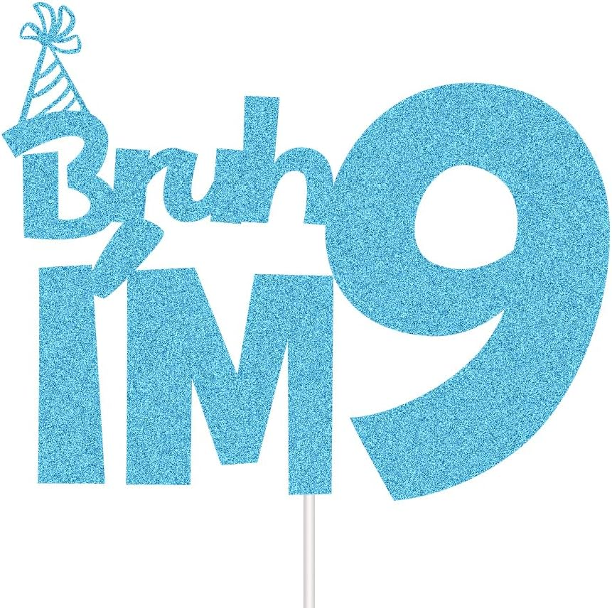 XIUHUBA Bruh I'M 9 Cake Topper, Happy 9Th Birthday Cake Decor, Kids Boys 9Th Birthday Party Decorations, Funny Nine Years Old Birthday Party Supplies Blue Glitter image number 1