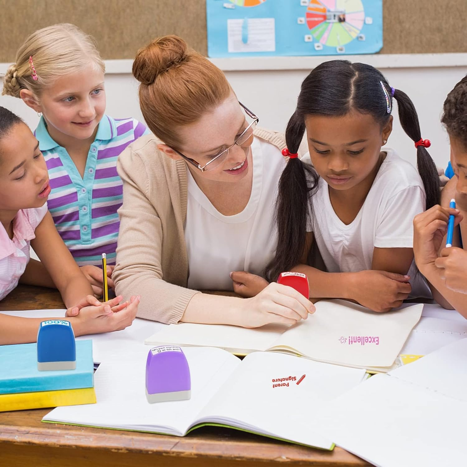 8Pcs Teacher Stamps for Classroom Teacher Supplies Self-Inking Grading Stamps Encouraging Comments for Parent Signature School Teachers Review Feedback Homework Reward Colorful Stamp with Tray image number 1