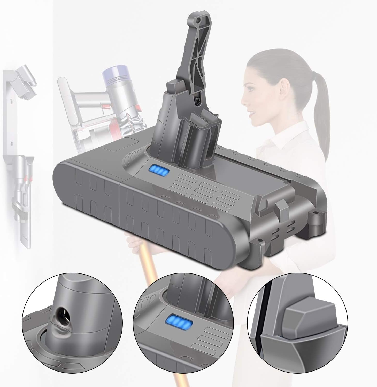 4600Mah 21.6V Lithium Ion Replacement Battery for Dyson V8 Absolute V8 Animal V8 Animal Exclusive Cord-Free Vacuum Handheld Vacuum Cleaner with Pre Filter, Brush and Battery Protective Shell image number 2