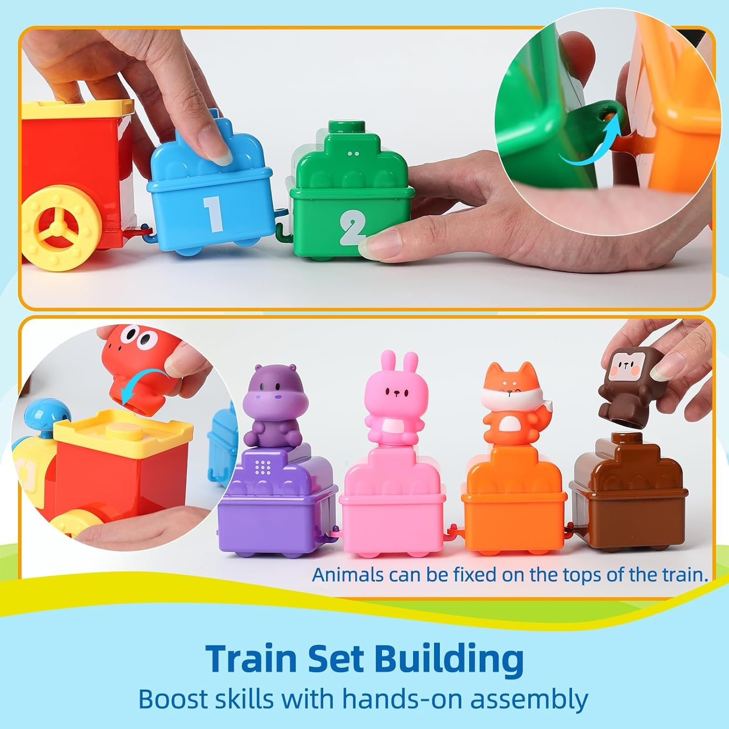Educational Toy for Toddlers Age 1 2 3, 10-Piece Train Engine Pairing Set with Hand Puppets TEM Learning, Color Matching & Motor Skills Activity Christmas Birthday Baby Boys Girls image number 6