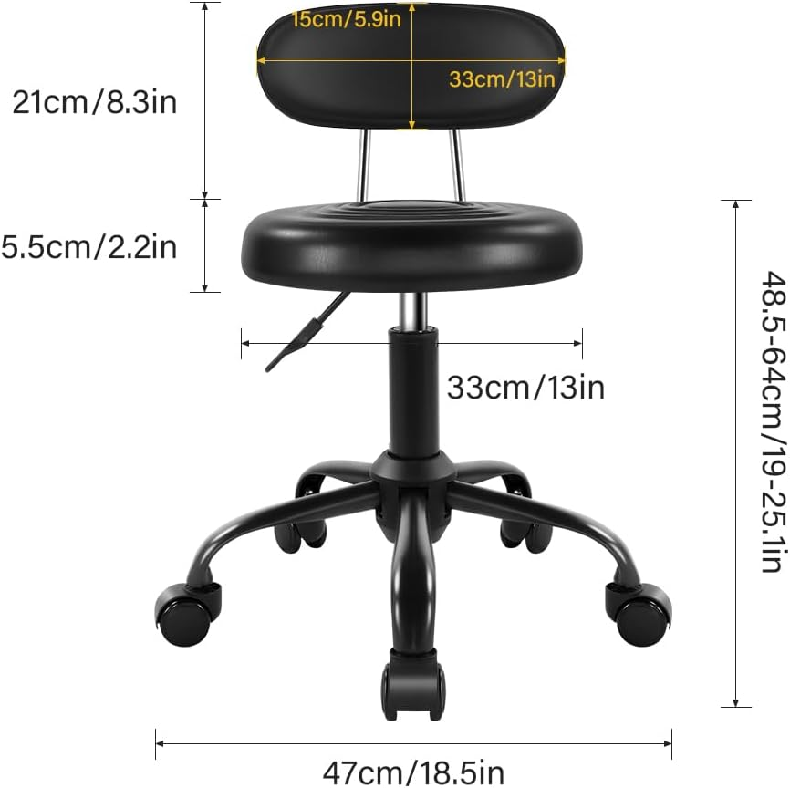 Rolling Stool with Wheels Swivel Stool with Back Height Adjustable Chair PU Leather Rolling Stools Ideal for SPA Salon Home Office Drafting Work (Black) image number 5