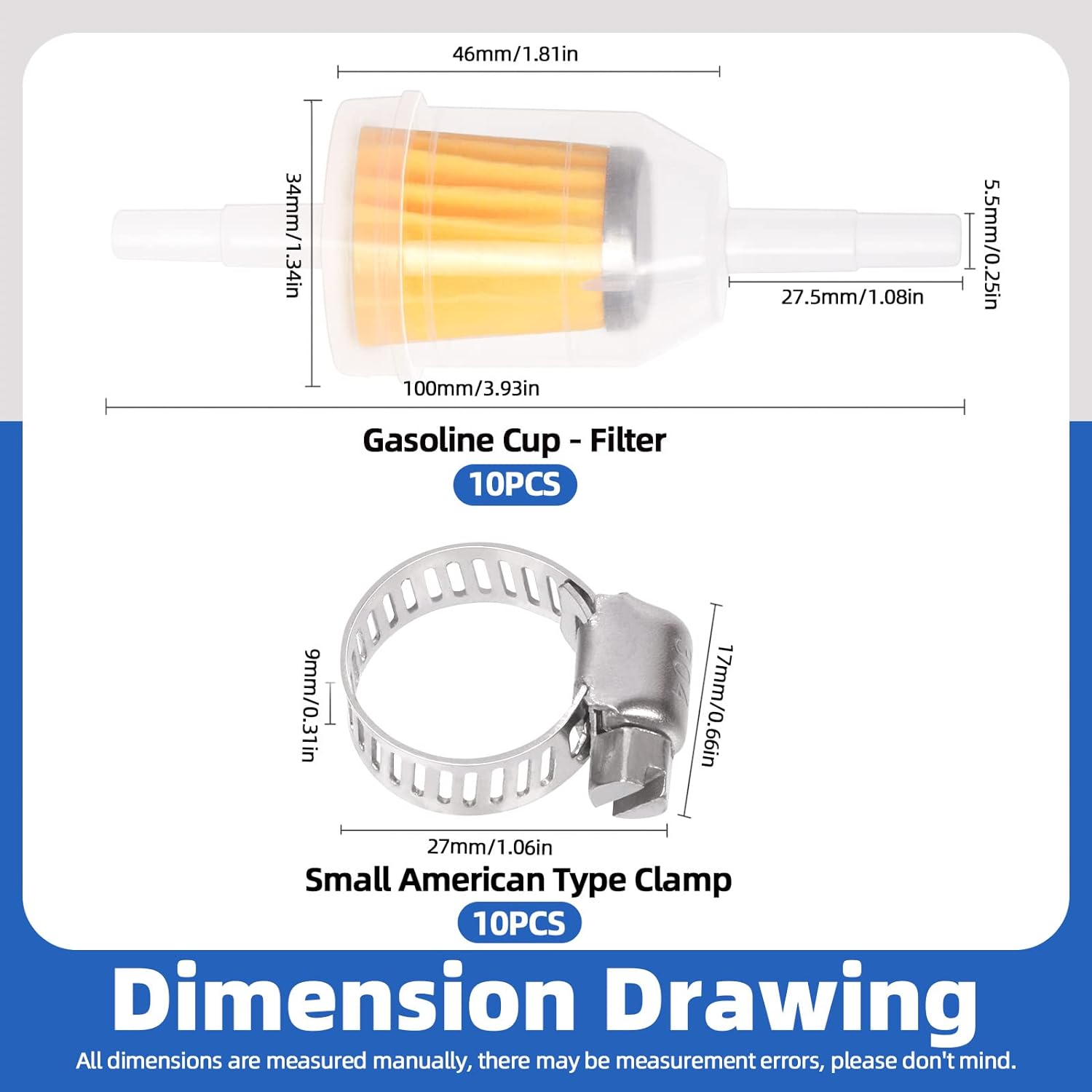 Glarks 20Pcs 1/4" X 5/16" Gas Inline Fuel Filters with Worm Gear Hose Clamps Assortment Kit for Most Small Engines Compatible with Kawasaki Kohler Briggs Stratton John Deere