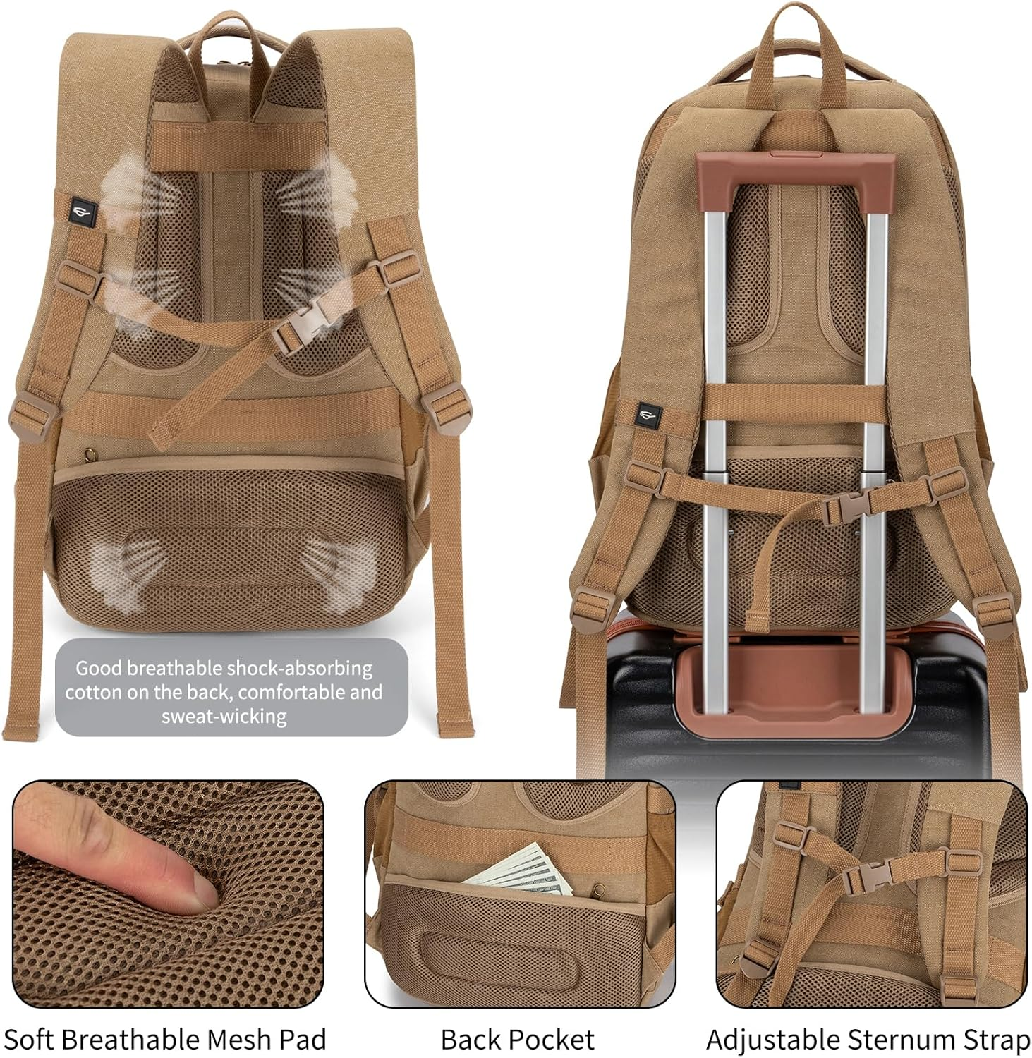 Tzowla Vintage Canvas Laptop Backpack for Men and Women,College Travel Work Rucksack Fit 15.6 Inch Laoptop - Khaki image number 4