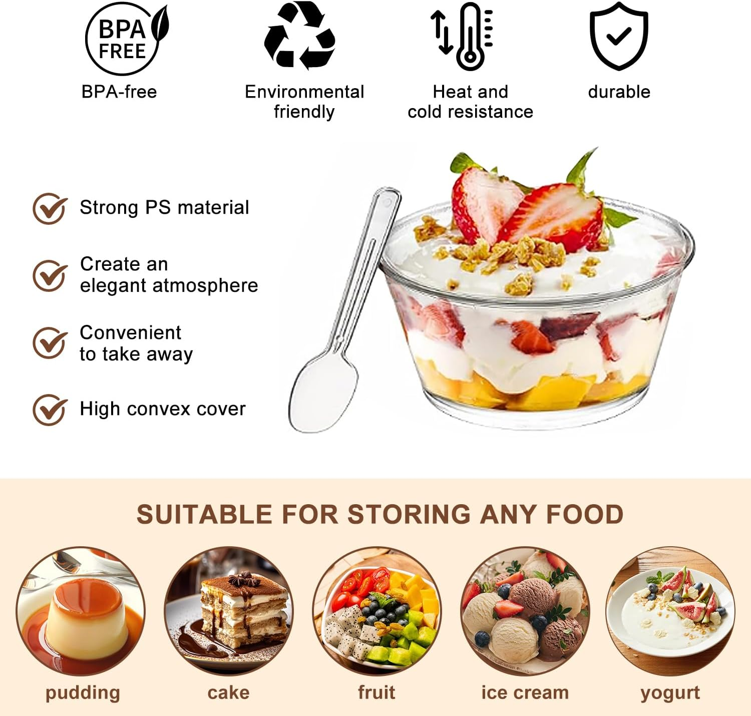 50 Pcs Mini Dessert Bowl Set, 140Ml Clear Plastic Cups with Spoons, Bpa-Free, Reusable Party Serving Bowls for Appetizer, Puddings, Mousse, Yogurt and Ice Cream