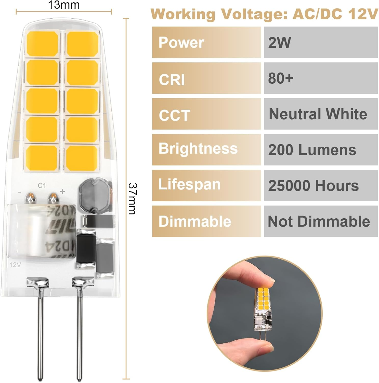 LUTW G4 LED Bulbs Neutral White 4000K, AC/DC 12V G4 Bulb LED Equivalent 20W Halogen, 2W 200LM 2 Pin Light Bulbs, Non Dimmable No Flickering LED Lights for Home Lighting, Chandelier, Cabinet, 10 Pack image number 6