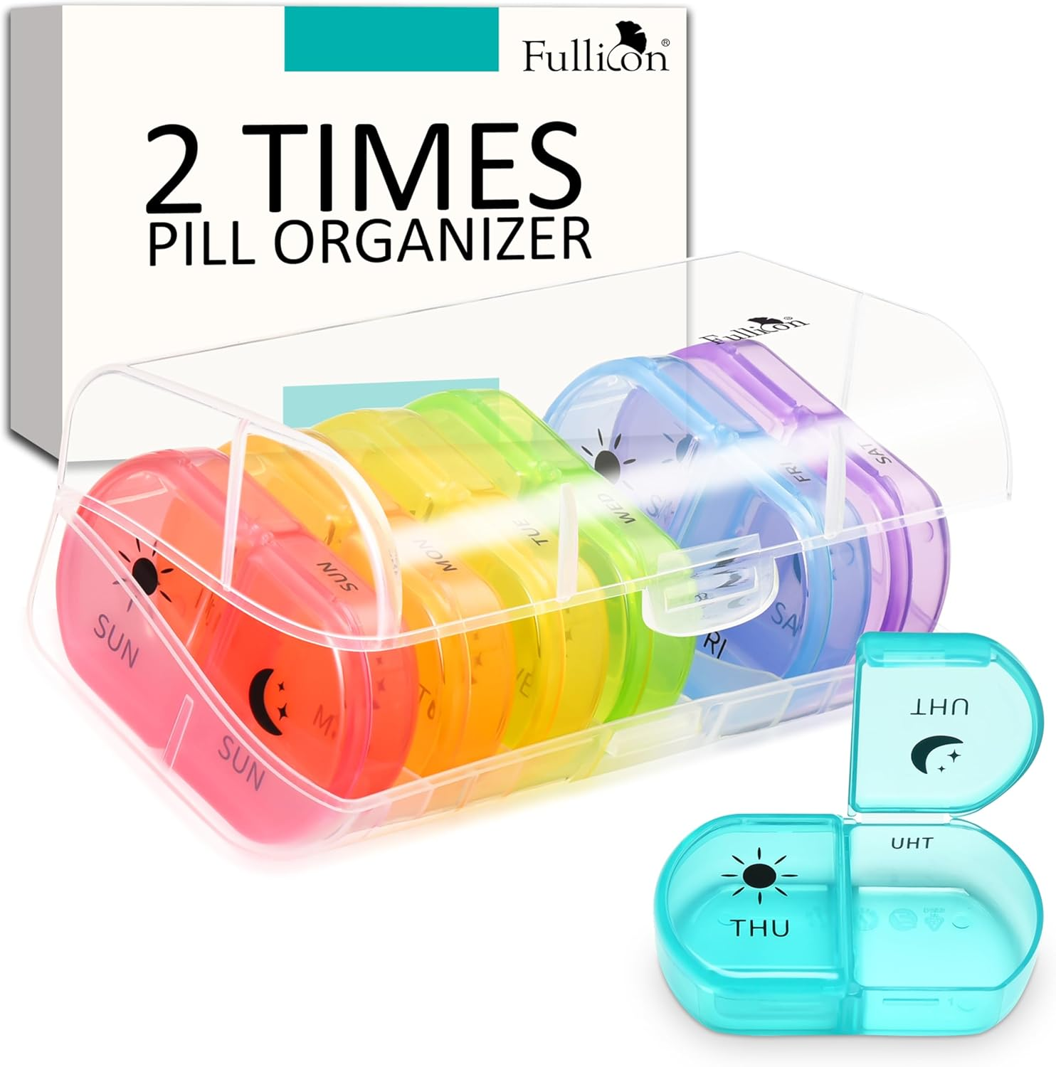 Fullicon Large Pill Organiser 2 Times a Day, Easy to Use Weekly Daily Pill Box, Secure AM PM Medicine Organiser, Durable Pill Container Case, Portable Travel Tablet Organizer (Clear Rainbow)