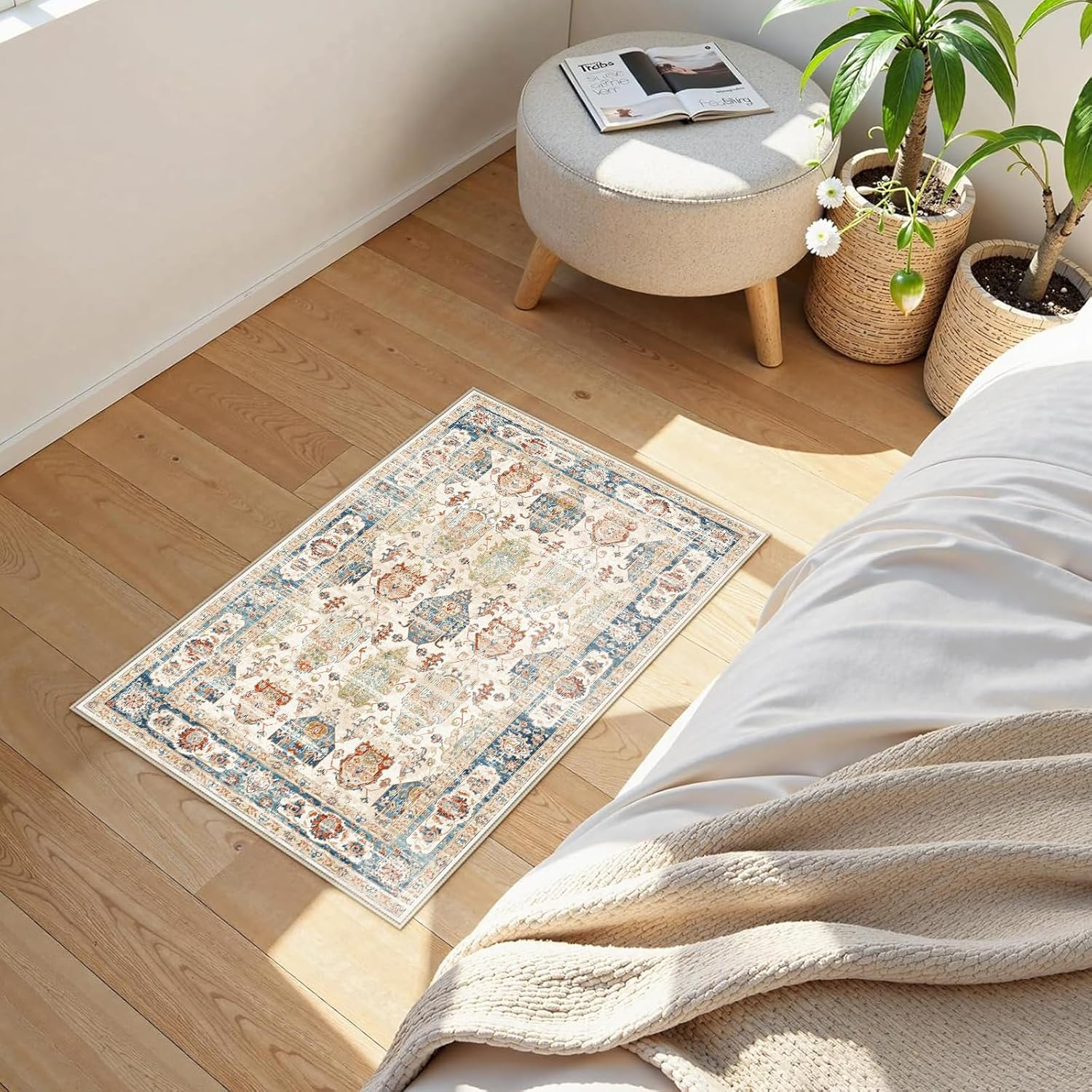 UZU 60X90Cm Non-Slip Machine Washable Entryway Rug, Indoor Door Mat Faux Cashmere Carpet Soft Durable Low Pile Area Rugs with Anti-Slip Backing for Bedroom Kitchen Bathroom Laundry Room - Home Decor