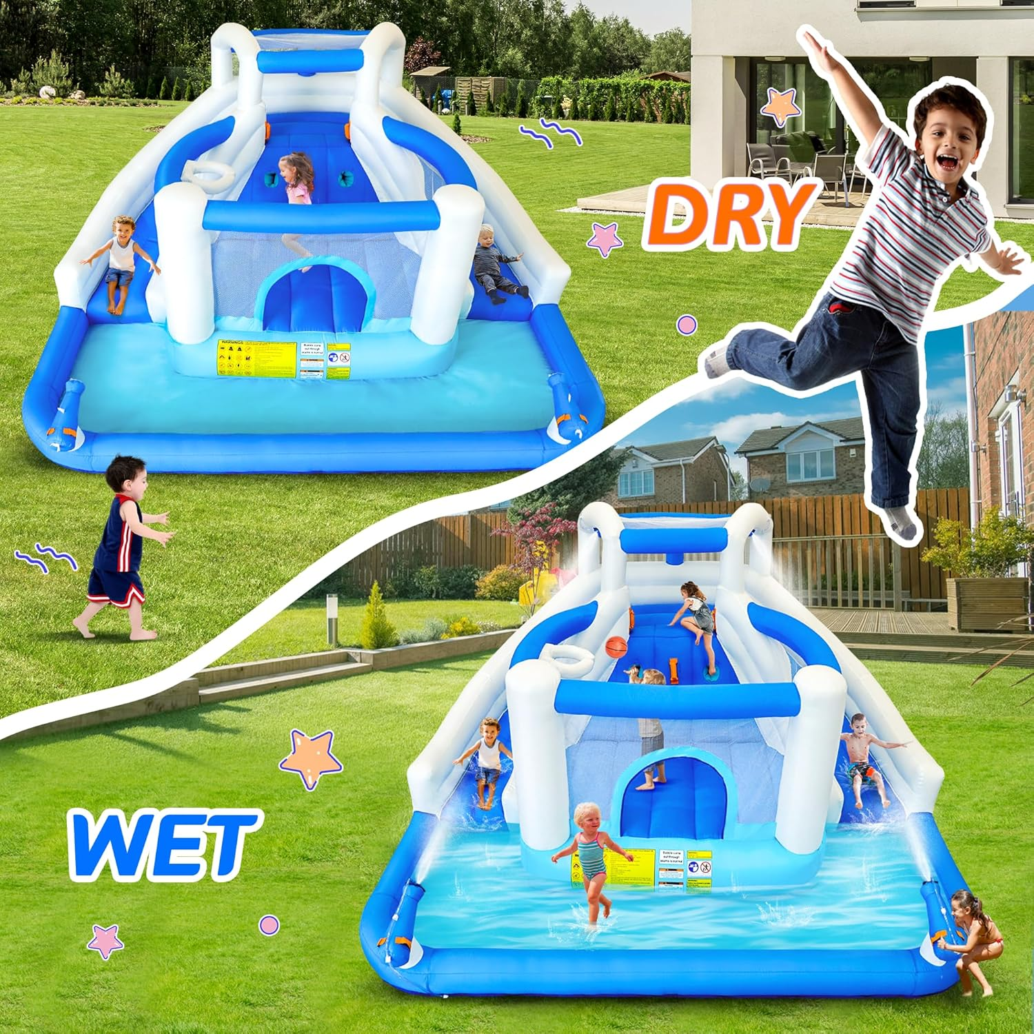 Inflatable Water Park with Blow up Water Slides, Trampoline, Basketball Hoop and 2 Water Cannons Outdoor Kids Water Slide for Garden and Party Use image number 4