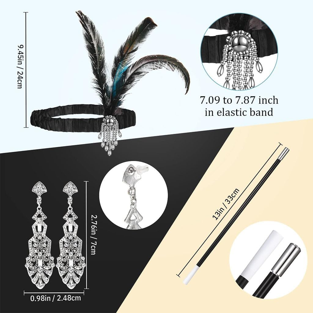 WOTOW 20S Accessories for Women - Roaring 20S Costumes Great Gatsby Accessories with Feather Headband Pearl Necklace Elegant Gloves Vintage Earrings Black Feather Fan for Party, 6PCS image number 3