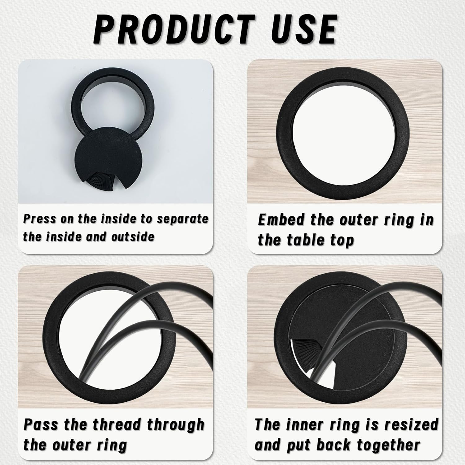 8 Pcs 2 Inch 50 Mm Plastic Desk Cord Cable Hole Wire Organizer Black Desk Grommet Adjustable Cord Cover (Black) image number 4