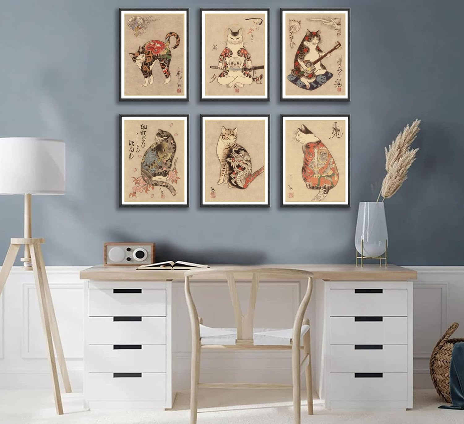 NBYARTQ 6Pcs Japanese Samurai Cat Wall Art Prints of Posters Japan Bushido Decor Kung Fu Paintings Tattoo Funny Fantasy Photo Picture Canvas Poster Painting for Living Room Print Bedroom Home Artwork