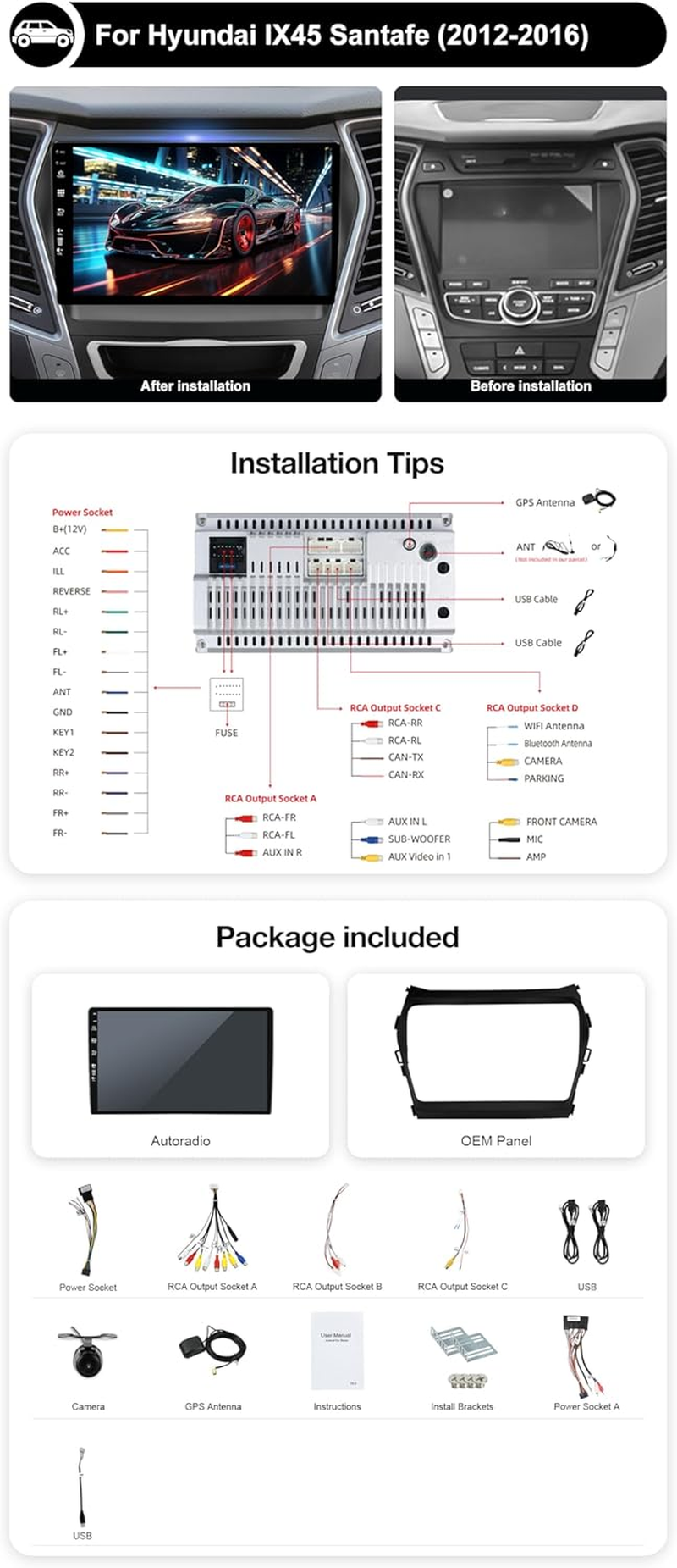 Android 14 IPS Car Stereo for Hyundai IX45 (2013-2017) - 2G+32G - Wireless Carplay/Android Auto - Rear Camera Free - 9 Inch 2 Din - DAB Steering Wheel Fast-Boot DSP Bluetooth Wifi image number 2