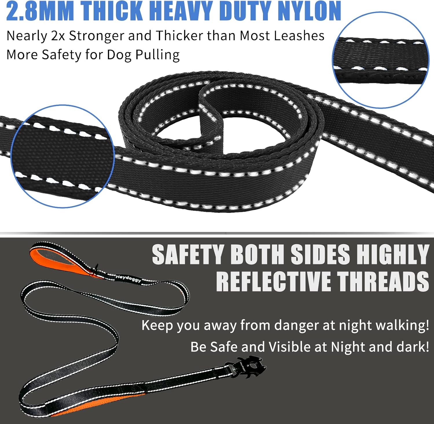 Strong Heavy Duty Dog Leash - 4Ft Reflective Nylon Training Leash with Soft Padded Double Handle & Auto Lock Frog Clip - Safety Traffic Control for Large Medium Small Dog No Pull Walk Black Orange,4Ft image number 7