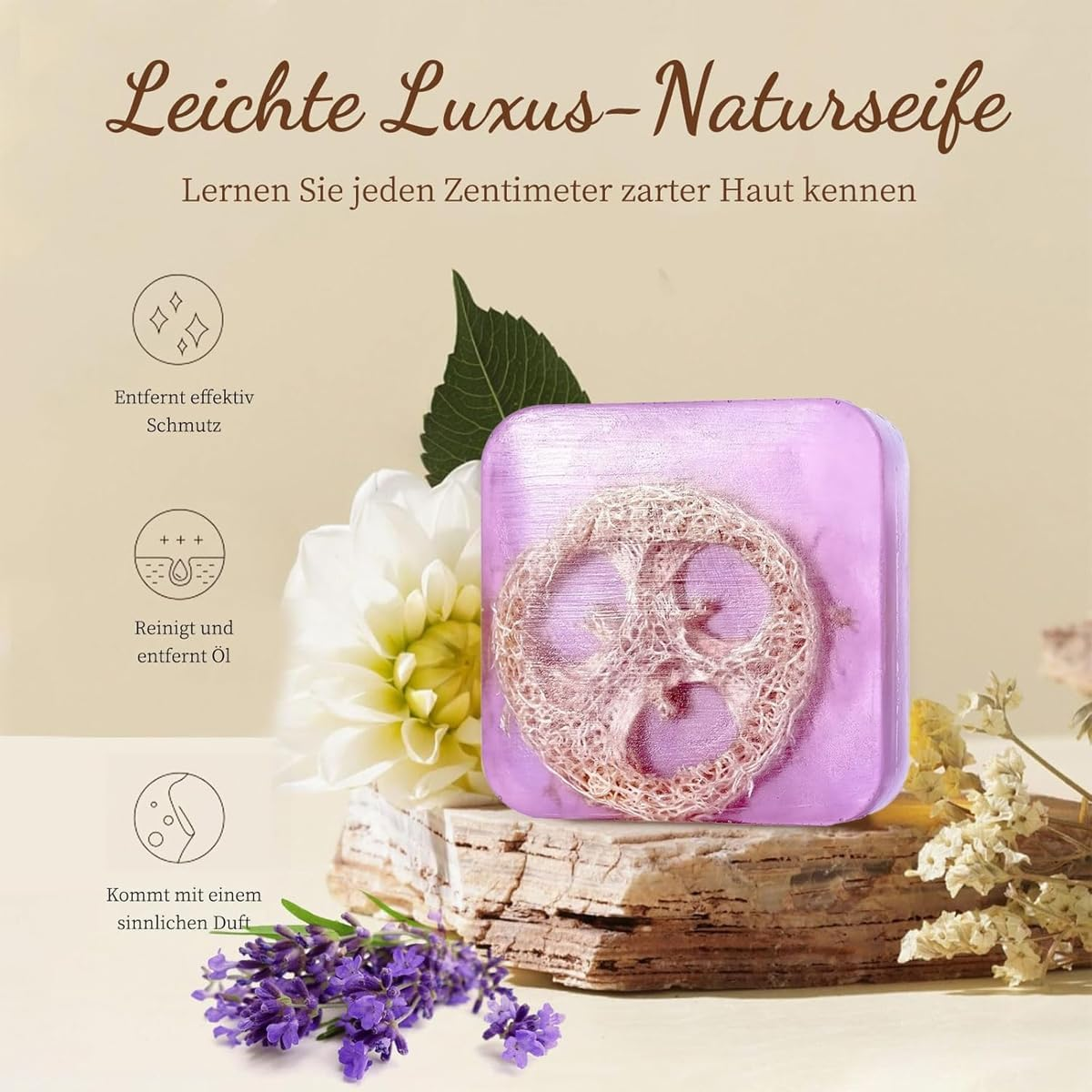 AIMALL 5PCS Loofah Soap Bars with Lavender Essential Oil &ndash; Exfoliating Handmade Glycerin Face & Body Cleansing Bars for Acne, Oil Control & Smooth Skin, 6.5X6.5X2Cm Each - Lavender image number 7