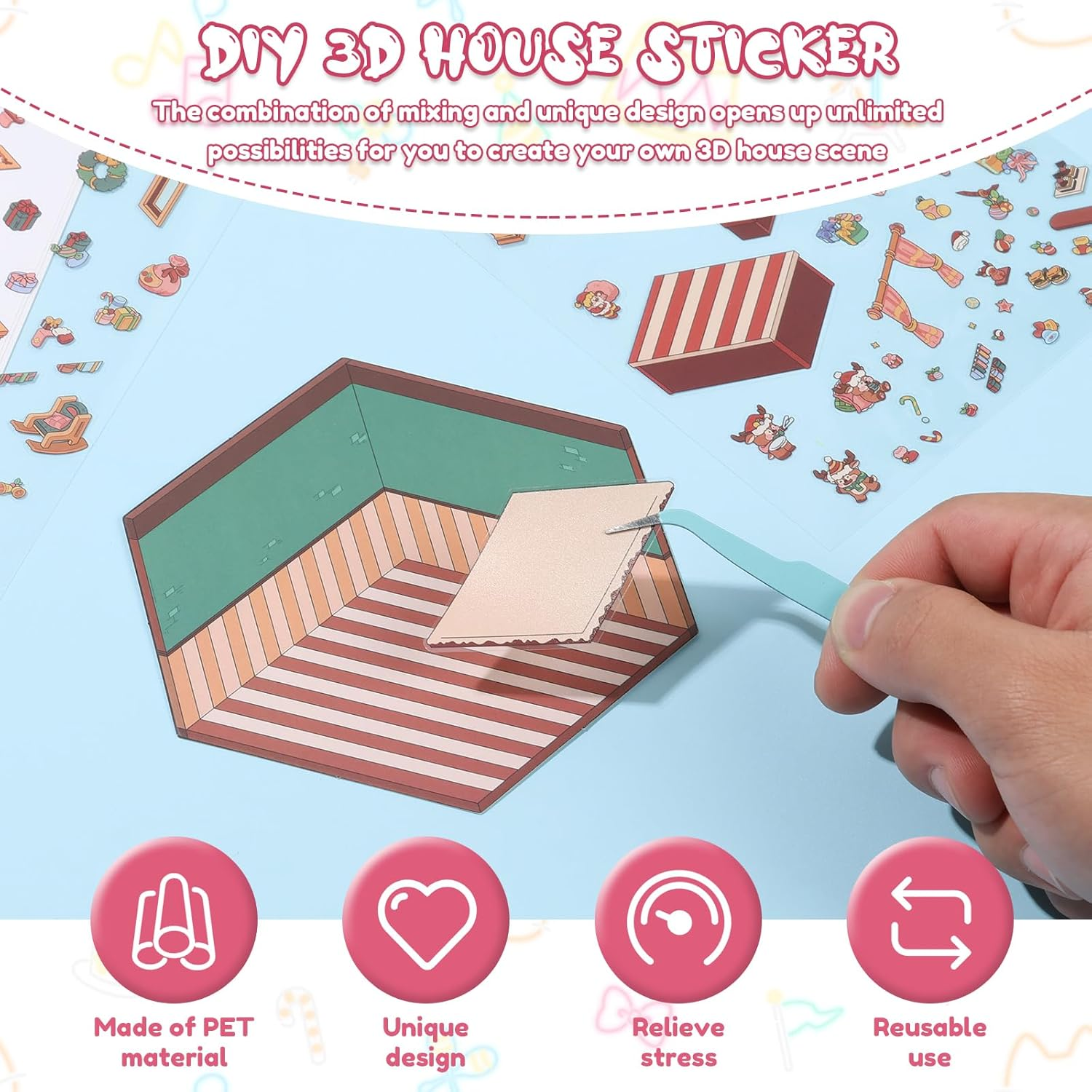 12Pcs DIY 3D House Stickers Set Reusable 3D Cartoon Scene Stickers Funny Mini Room Scene Sticker Cute 3D Miniature Scene Sticker 3D Sticker Scene DIY Landscaping Sticker for Present