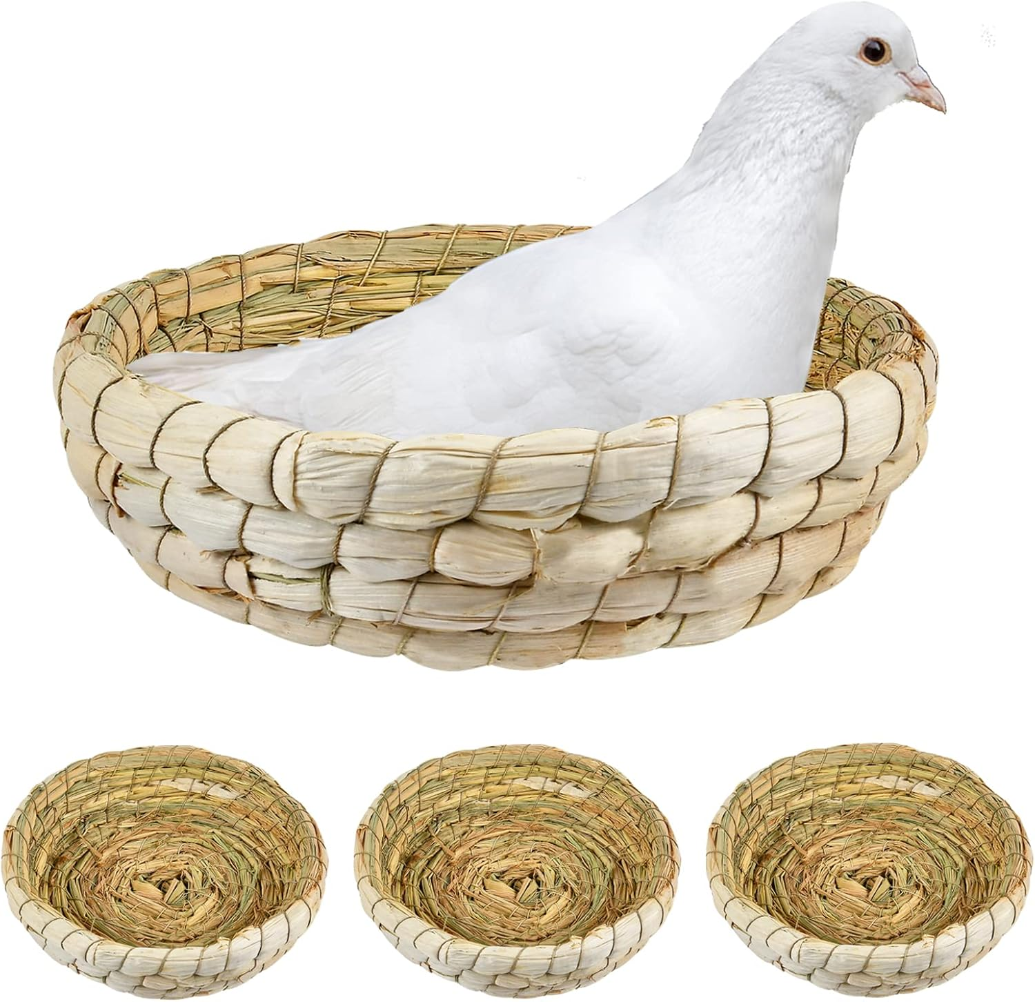 4 Pcs Bird Nest Handmade Woven, Small Animal Breeding Nest Bed with Corn Leaves Flat Base Natual Straw Bird House Cage Accessories for Dove Pigeon Parrot Sparrow image number 4