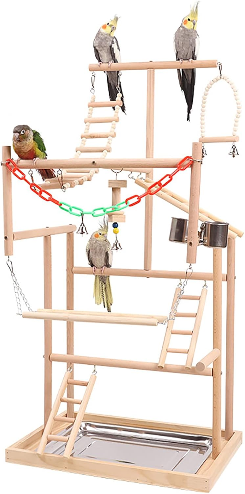 Bird Playground, Bird Perch, Parrot Stand, Wood Perch Gym Playpen Ladder with Feeder Cups Toys Exercise Play(36,5 * 23 * 57CM)
