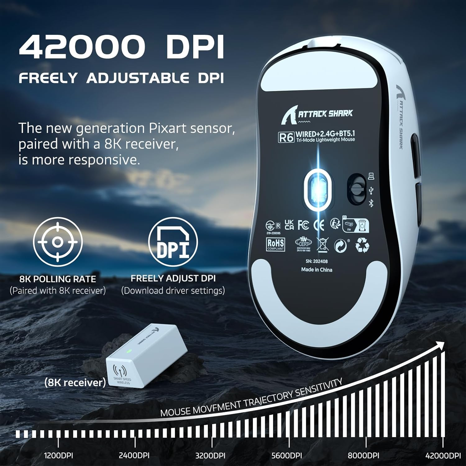 ATTACK SHARK R6 Wireless 8Khz Gaming Mouse, SUPERLIGHT 39G, Nordic 52840 MCU, Pixart PAW3950MAX Gaming Sensor, BT/2.4G /Wired, Adjustable DPI 42000, Optical Microswitches (100M Clicks), Pc/Mac (White) - Black image number 7