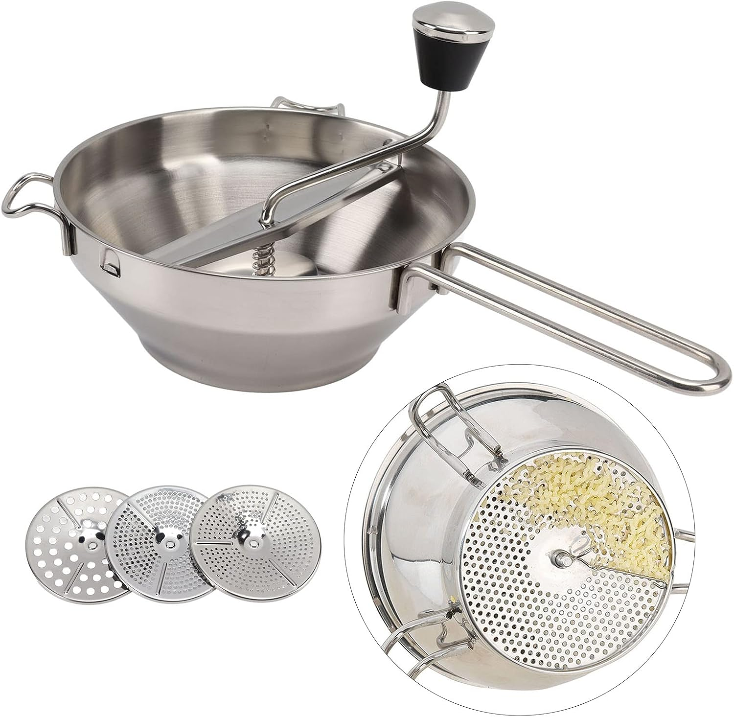 Stainless Steel Food Masher, Easy Cleanup 2 Quart Manual Baby Food Mill for Making Puree and Soups with 3 Interchangeable Discs for Straining Fruits and Vegetables image number 1