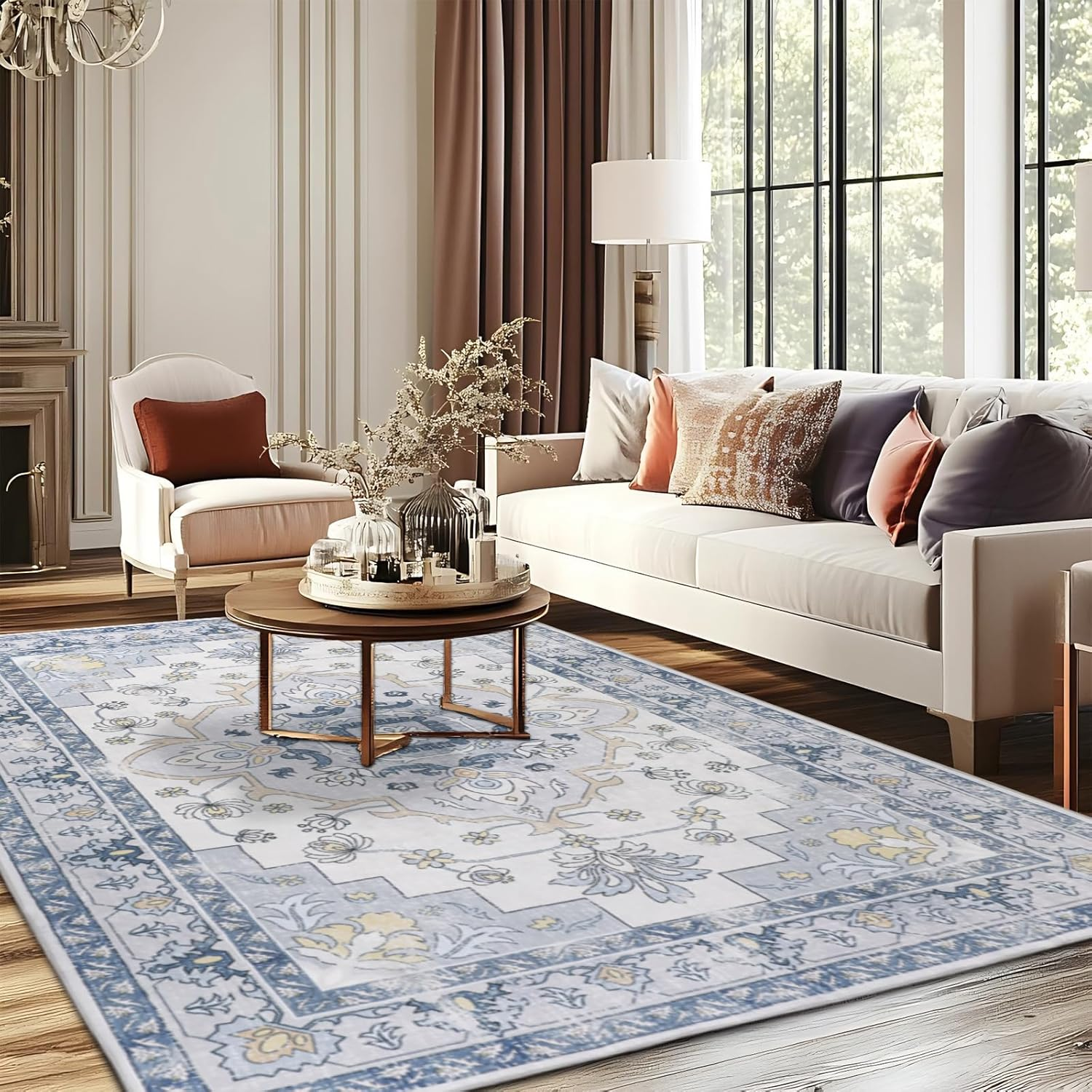 MOSISO 4X6 Area Rug for Living Room, Washable, Non Slip Vintage National, Low Pile Carpet, Faux Wool Rectangular Area Rug Carpet for Living Bedroom Dining Room, Home, Blue - Blue image number 3