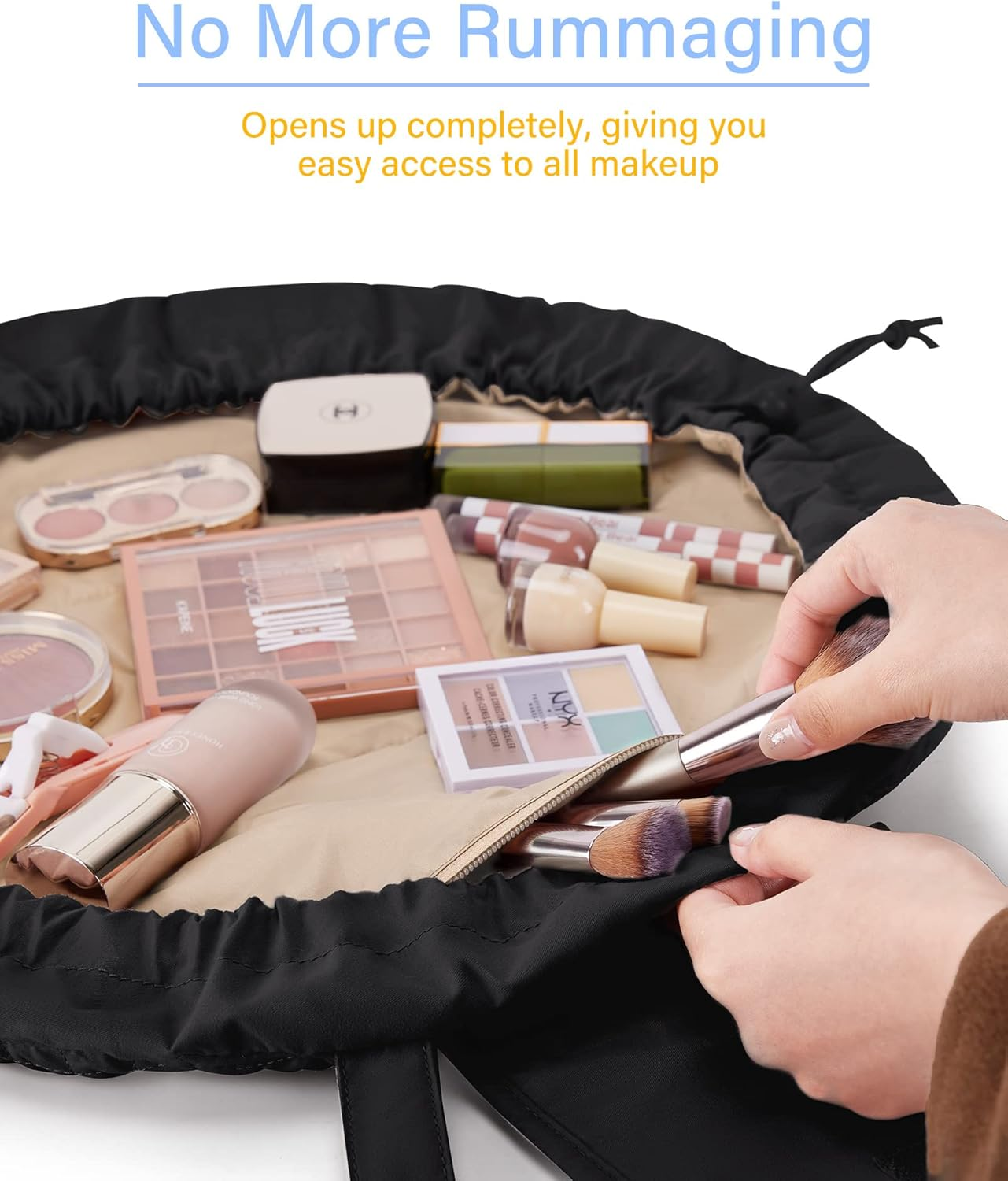 BAGSMART Lazy Makeup Bags for Women, Waterproof Drawstring Cosmetic Bag Travel Makeup Bag Organizer Case for Household,Black image number 1