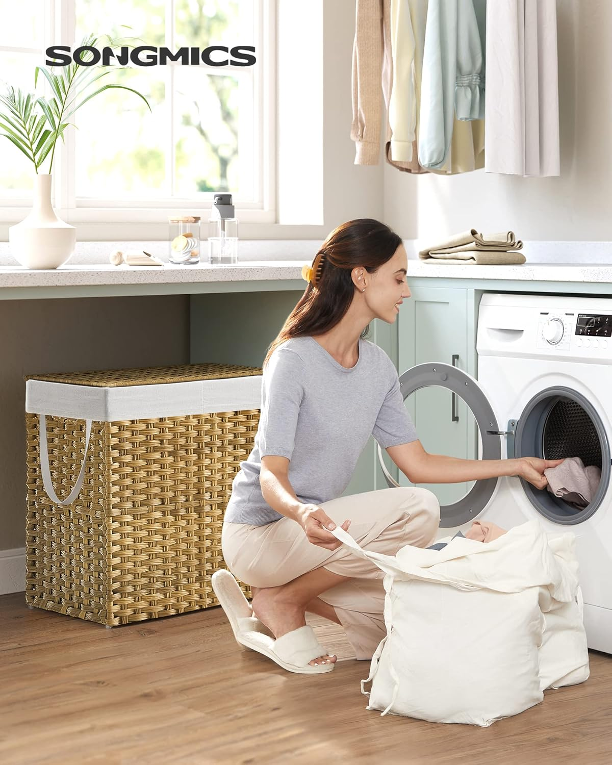 SONGMICS Laundry Hamper with Lid, 130L Clothes Hamper with 2 Removable Liner Bags & 6 Mesh Bags, Wicker Laundry Basket, Double Laundry Hamper for Bathroom, 13 X 26 X 23.6 Inches, Natural ULCB253N01 image number 6