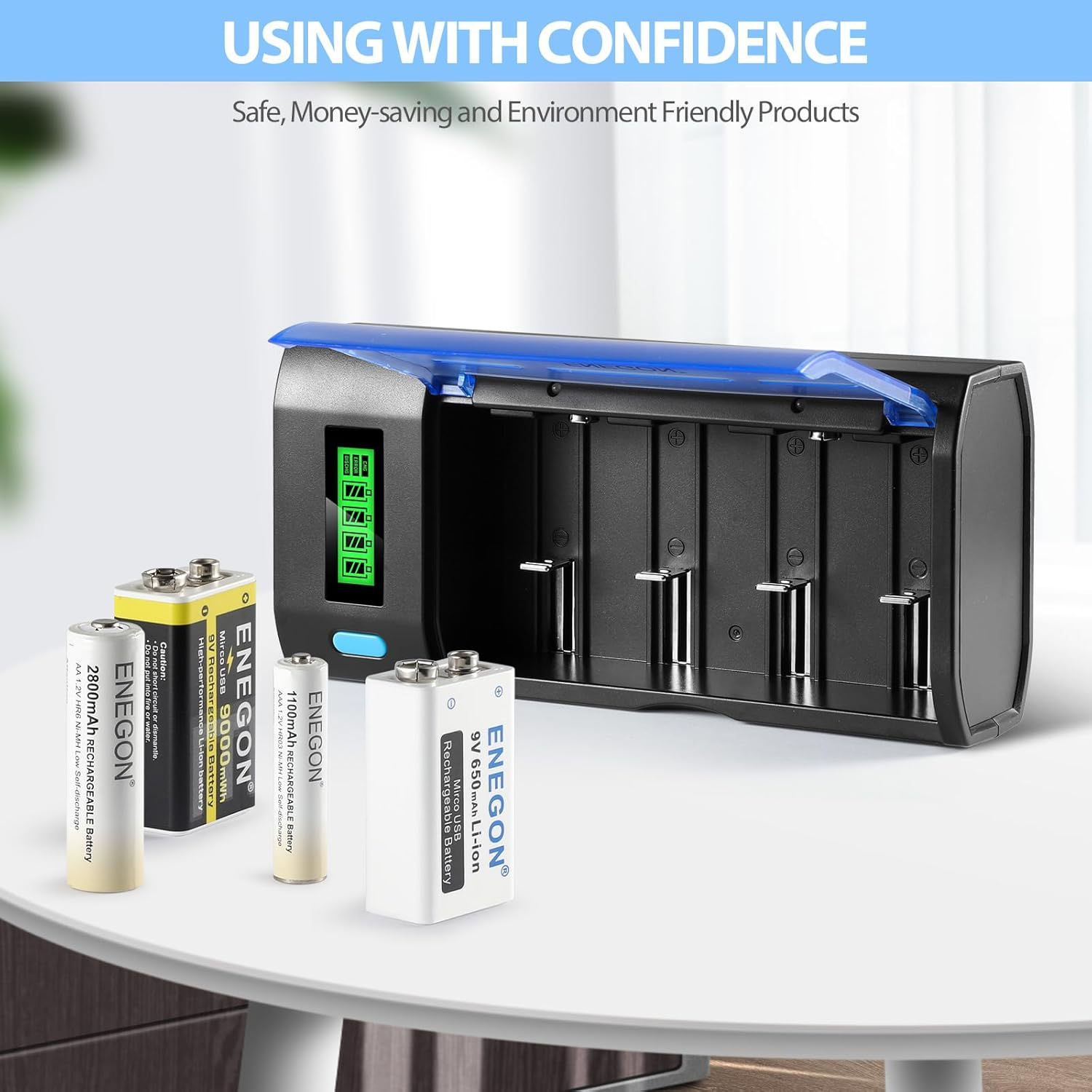 ENEGON Smart Multi-Function Fast Battery Charger for AA AAA C D 9V Rechargeable Batteries with Micro-Usb and USB-C Input, LCD Display (Ni-Mh Ni-Cd Rechargeable Battery) image number 4