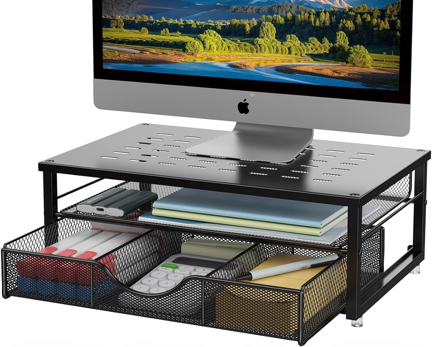 Computer Monitor Stand Riser, Desk Organizers and Accessories with Drawer, Office Desk Accessories & Workspace Desktop Organizers Storage for Printer Stand (Black) image number 2