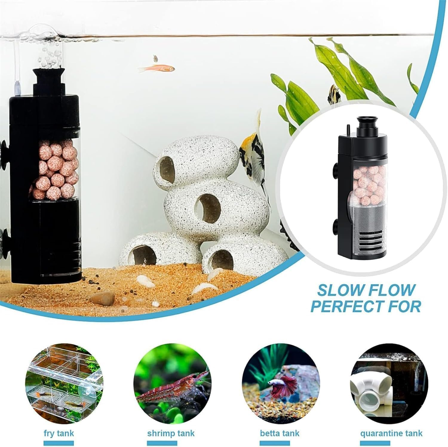 Aquarium Filter, Fish Tank Filter for Small Tank, Small Internal Aquarium Filter, Submersible Foam Filter with Filtered Ceramic Balls, Small Aquarium Filter for Breeding Fry Shrimp Tank (Black) image number 1