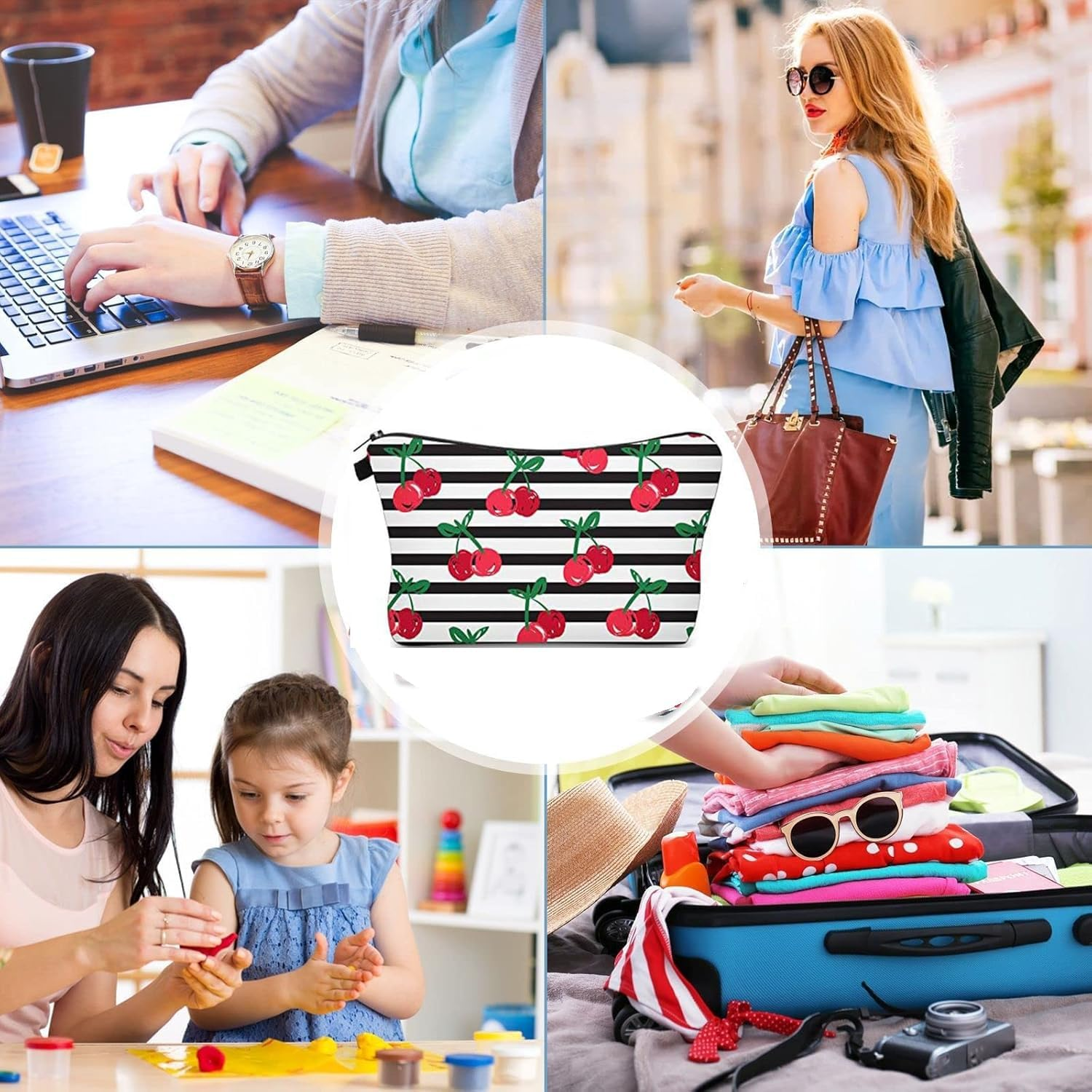 Cosmetic Bag 2Pcs Travel Makeup Case Small, Cosmetic Zipper Bag Waterproof Small Pouch for Purse Mini, Women Cute Traveling Accessories Pouch for Ladies(Stripes Cherry) image number 1