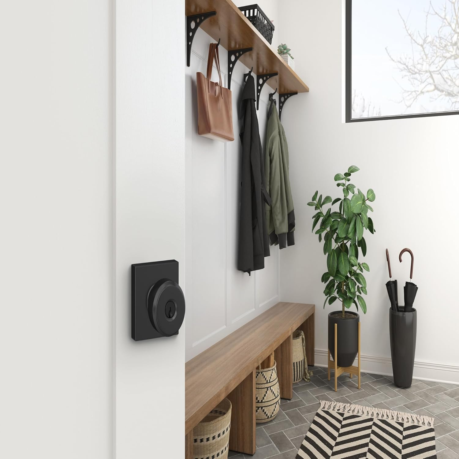 Schlage F51A BWE 622 COL Bowery Door Knob with Collins Trim, Keyed Entry Lock, Matte Black image number 2