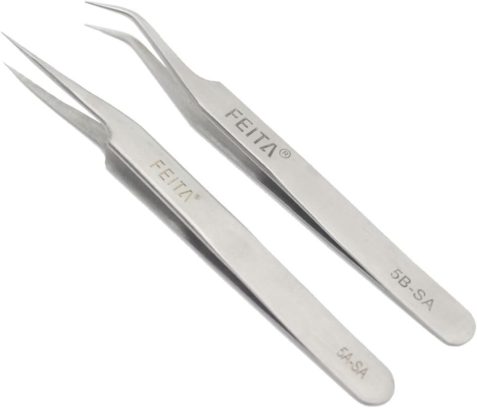 Eyelash Tweezers Set - FEITA Precision Eyelash Extension Tweezers - Professional Slant & Curved Pointed Very Fine Tip Tweezers for False Lashes - Silver - 2 Pcs image number 3